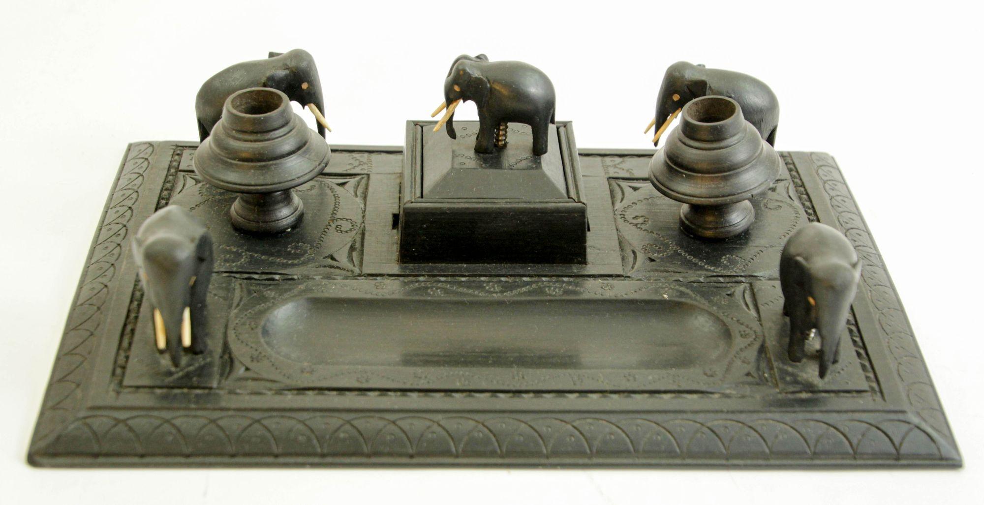 Antique Anglo-Indian Carved Ebony Elephant Inkwell Desk Stand In Good Condition For Sale In North Hollywood, CA