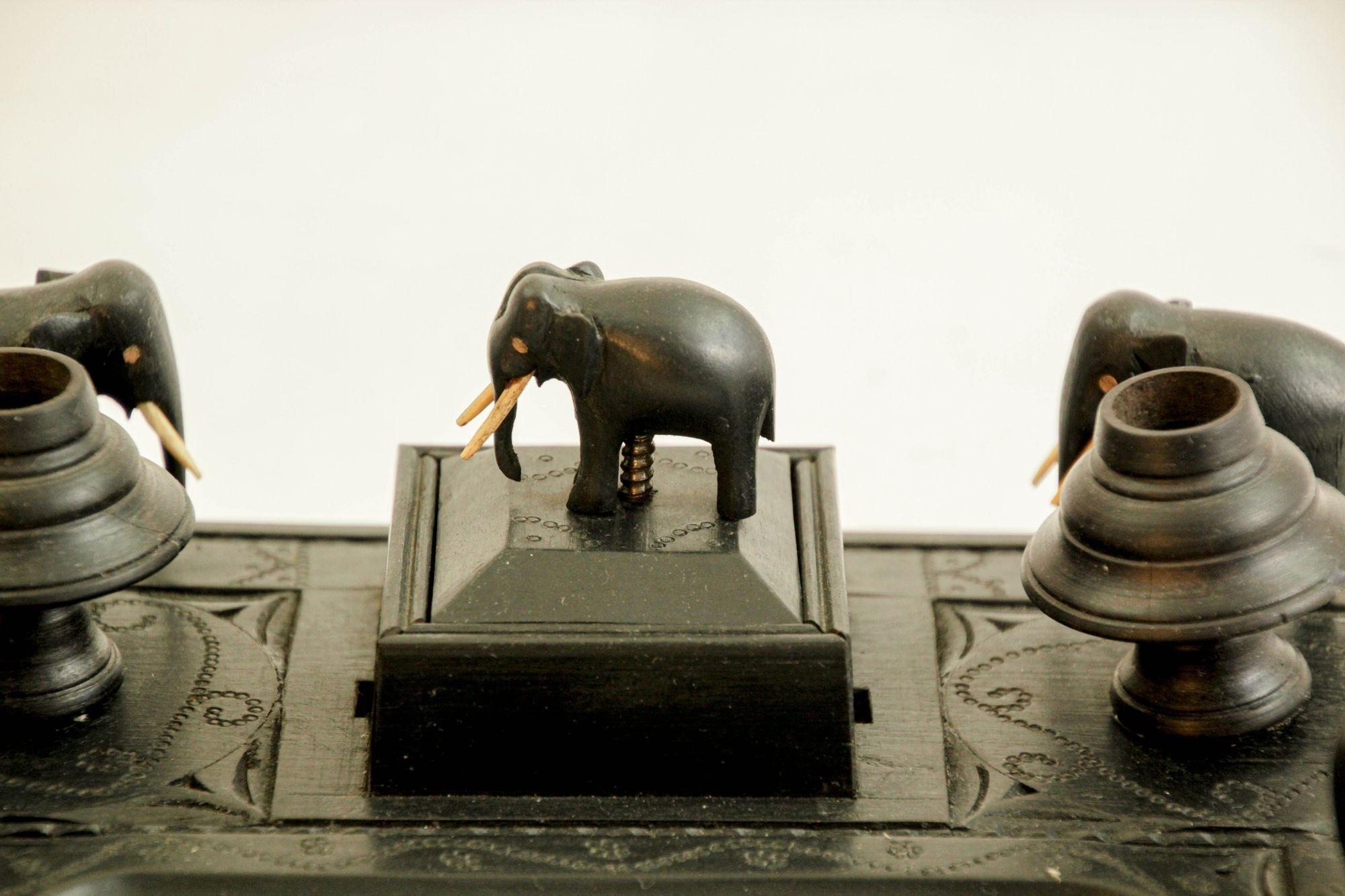 19th Century Antique Anglo-Indian Carved Ebony Elephant Inkwell Desk Stand For Sale