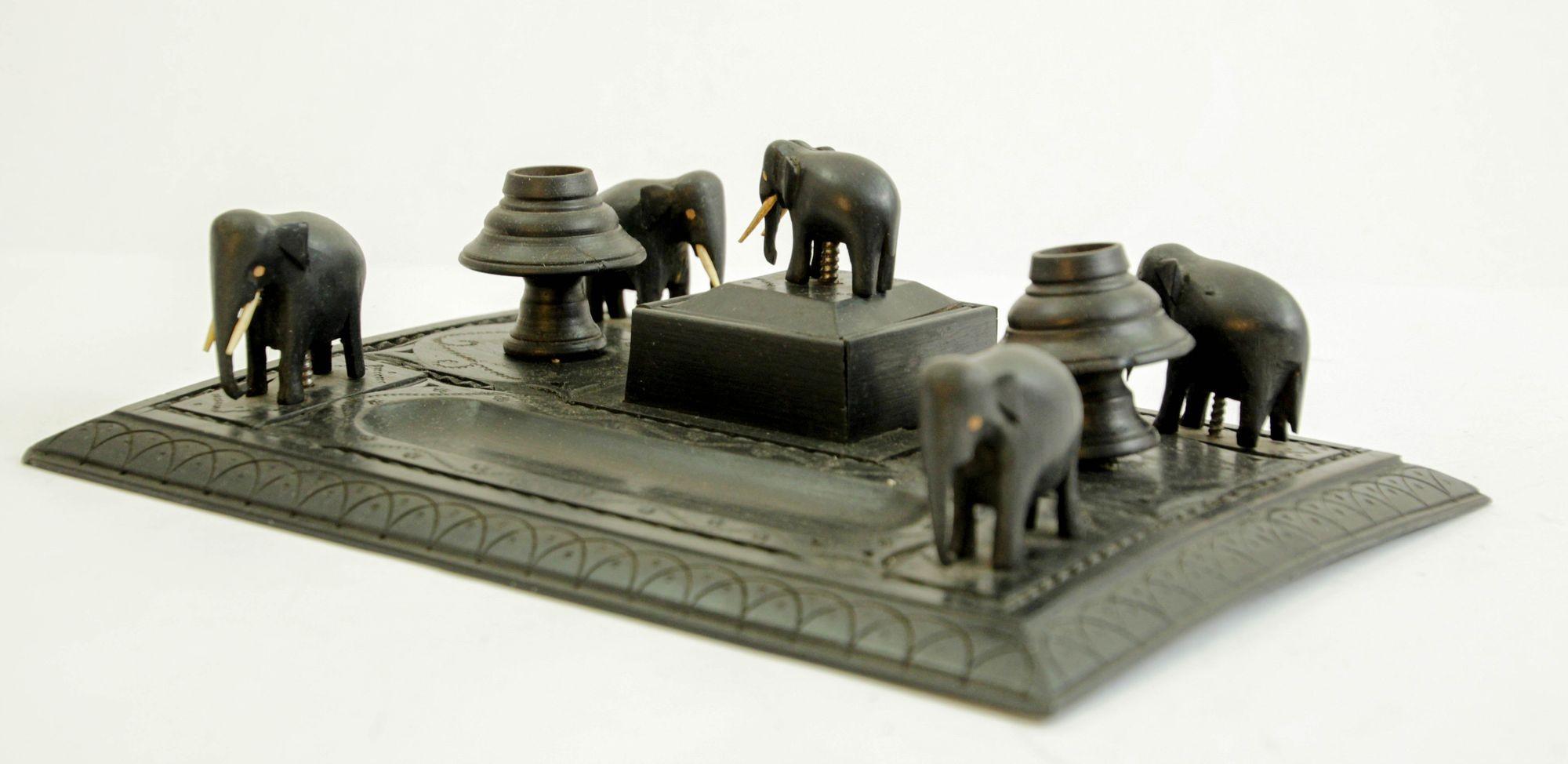 Antique Anglo-Indian Carved Ebony Elephant Inkwell Desk Stand For Sale 1