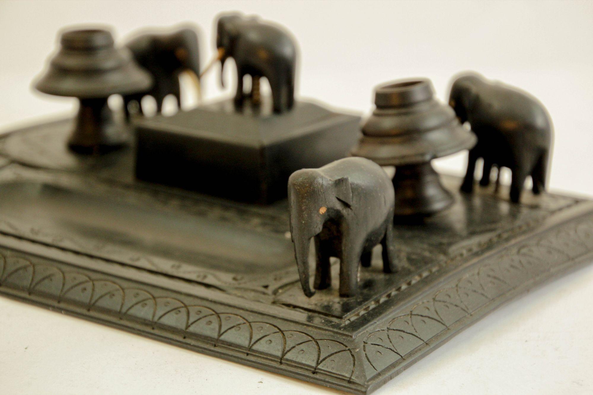 Antique Anglo-Indian Carved Ebony Elephant Inkwell Desk Stand For Sale 2