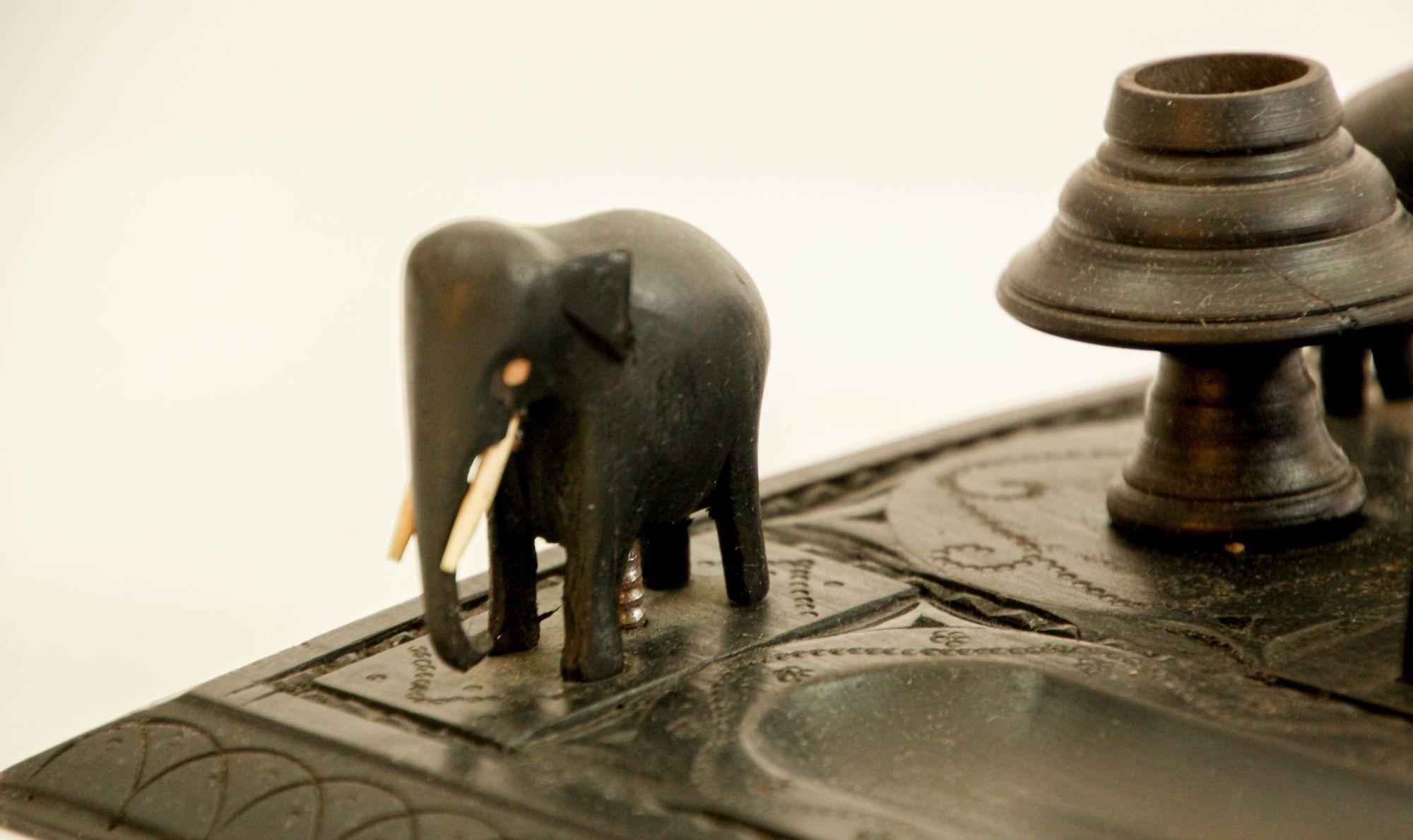 Antique Anglo-Indian Carved Ebony Elephant Inkwell Desk Stand For Sale 3