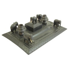 Antique Anglo-Indian Carved Ebony Elephant Inkwell Desk Stand