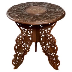Antique Anglo-Indian Carved Hardwood Round Campaign Side Table