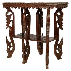 Antique Anglo Indian Carved Rosewood Six Legged Side Table Elephant Tiger 1900