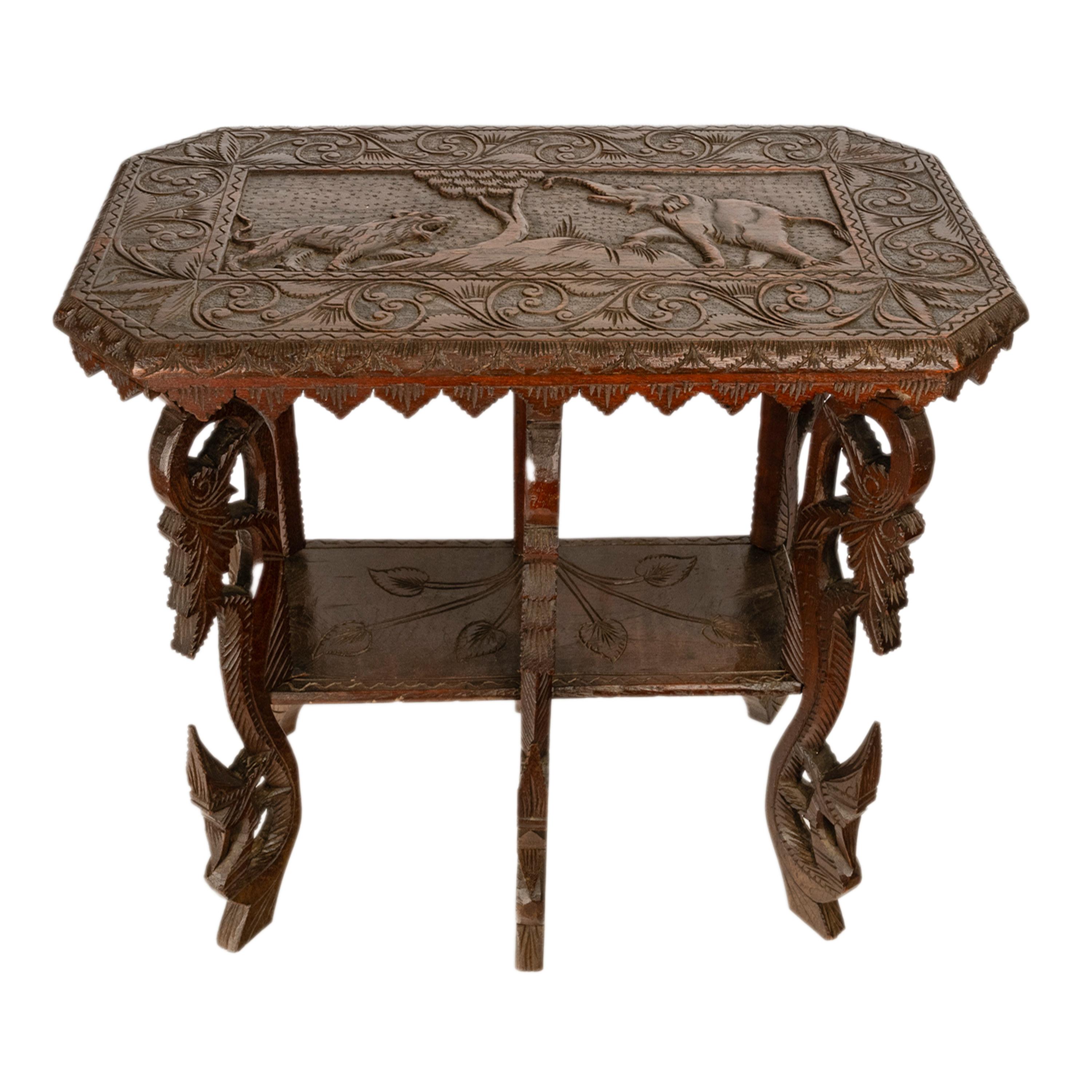 Anglo-Indian Antique Anglo Indian Carved Rosewood Six Legged Side Table Elephant Tiger 1900 For Sale