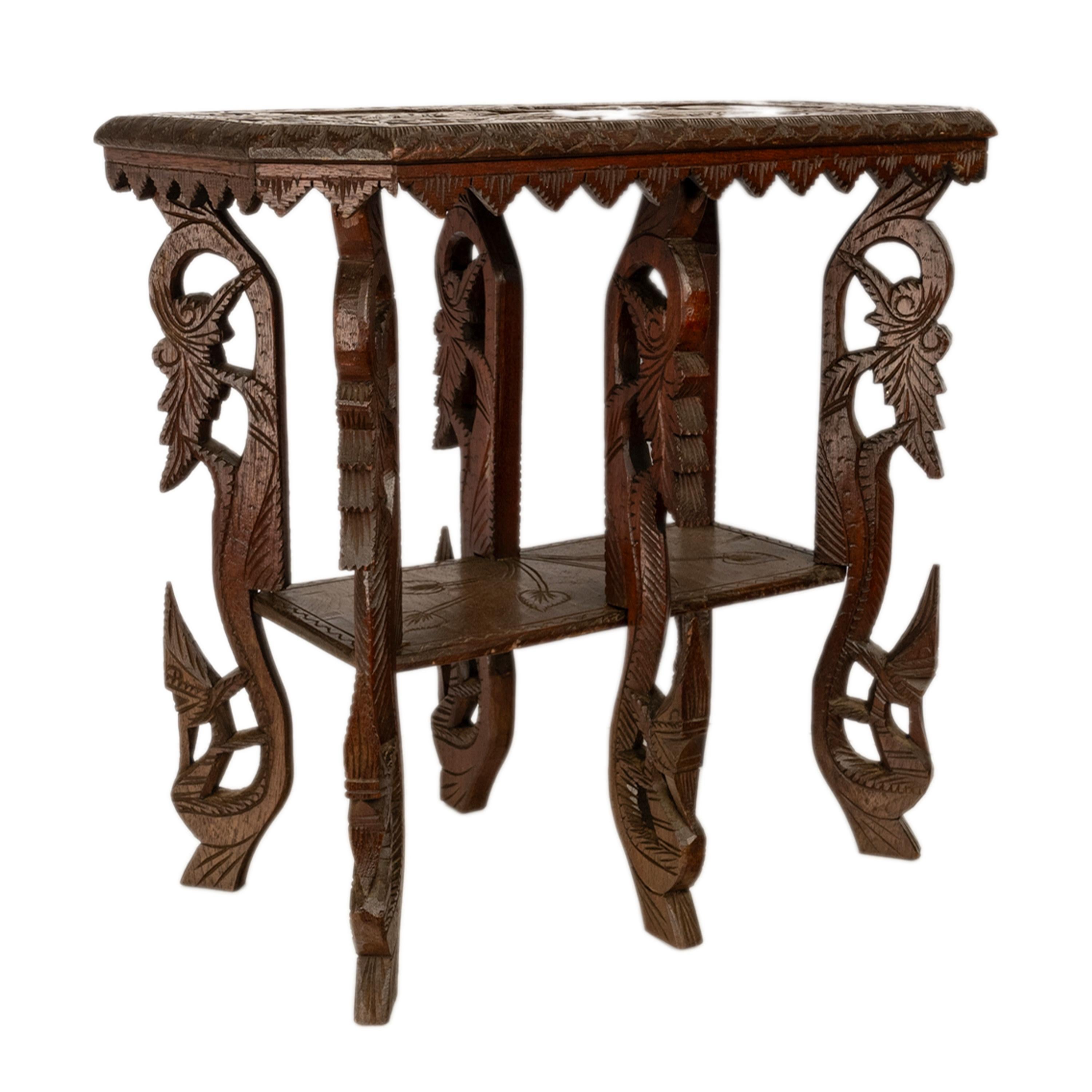 Early 20th Century Antique Anglo Indian Carved Rosewood Six Legged Side Table Elephant Tiger 1900 For Sale