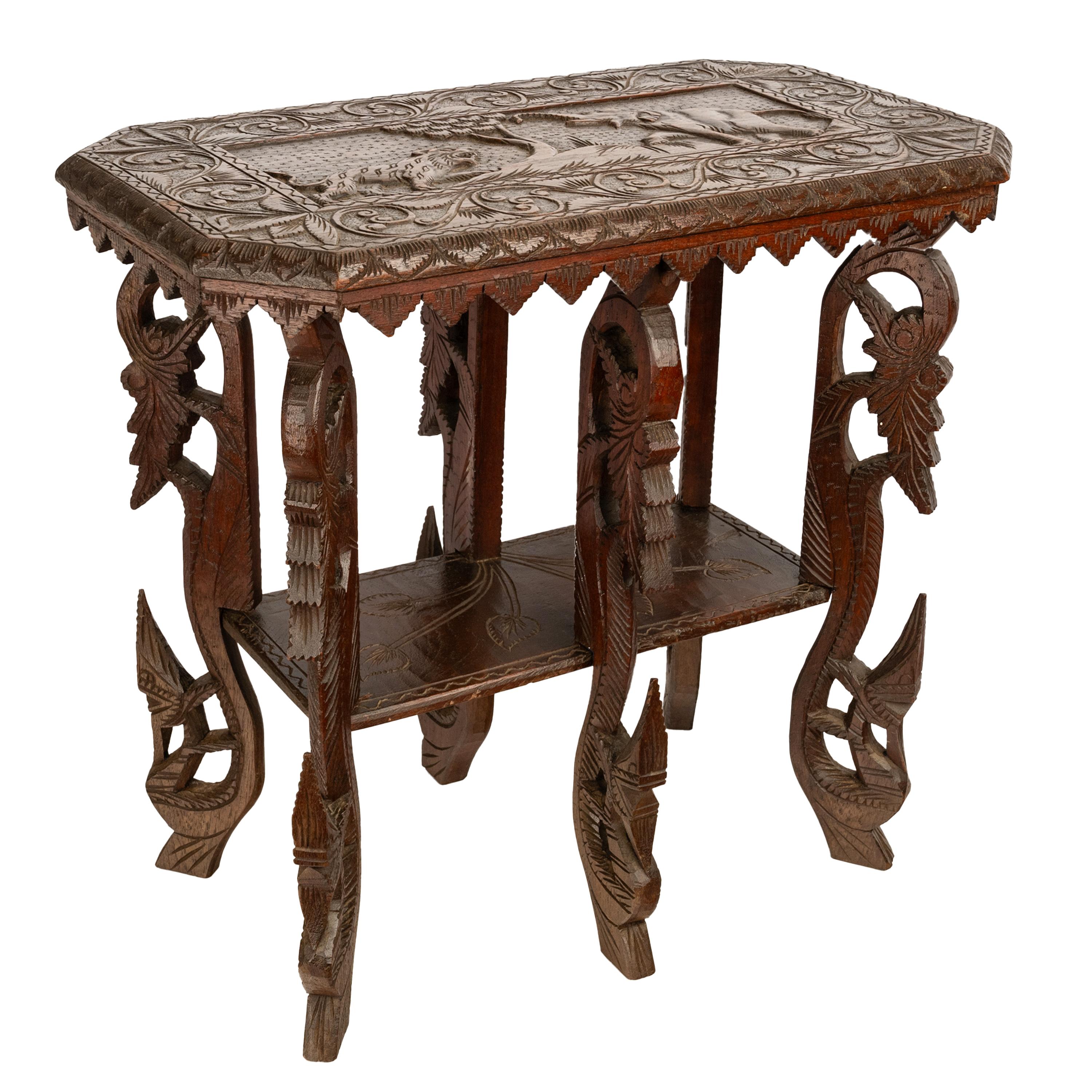 Antique Anglo Indian Carved Rosewood Six Legged Side Table Elephant Tiger 1900 For Sale