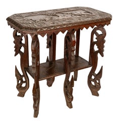 Used Anglo Indian Carved Rosewood Six Legged Side Table Elephant Tiger 1900