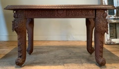 Antique Anglo Indian Carved Teak Table with Koi Design