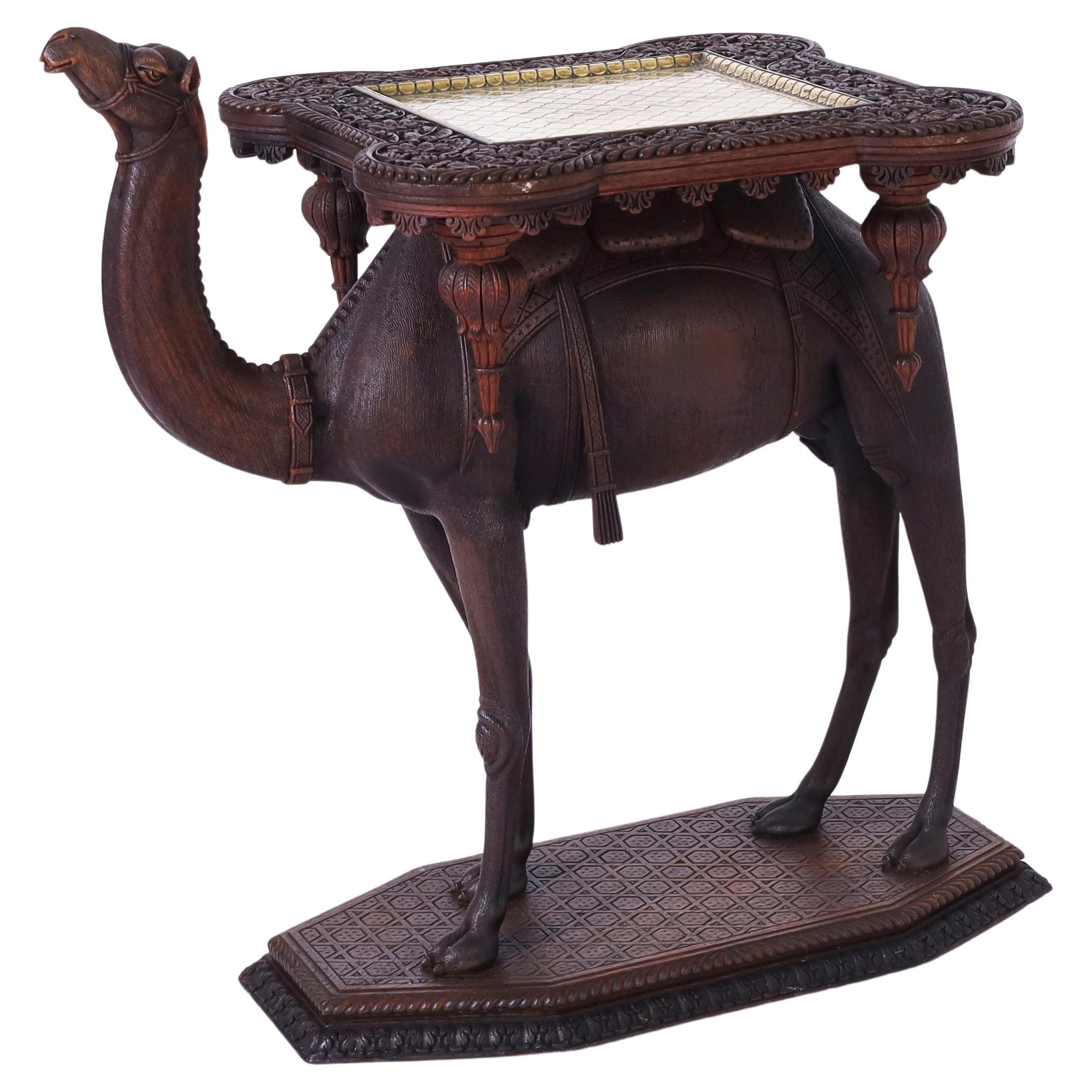 Antique Anglo Indian Carved Wood Camel Stand or Table For Sale