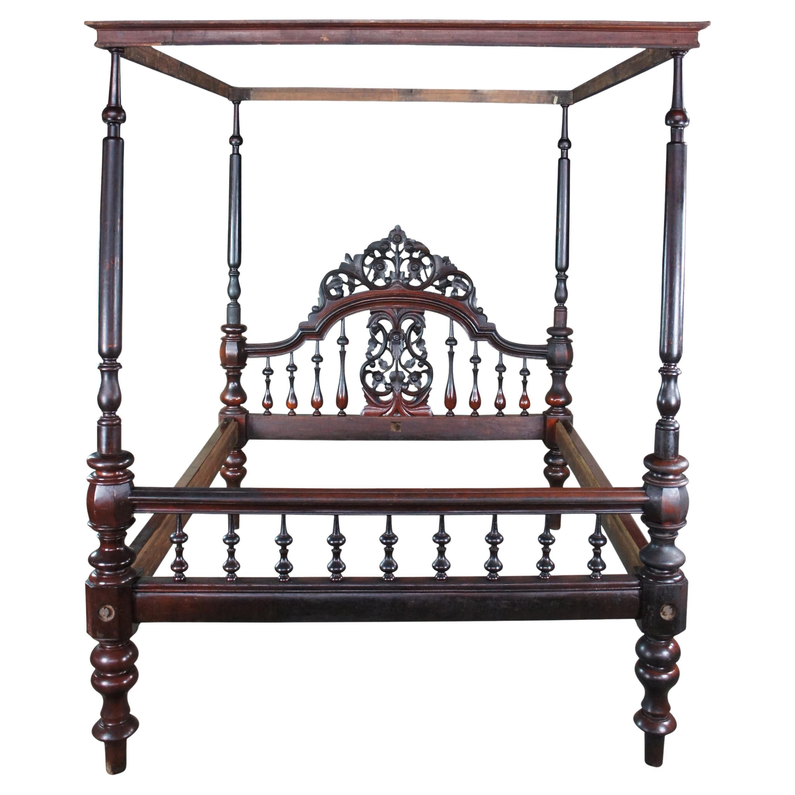 Antique Anglo Indian Colonial Raj Mahogany Carved Officers 4 Poster Tester Bed For Sale