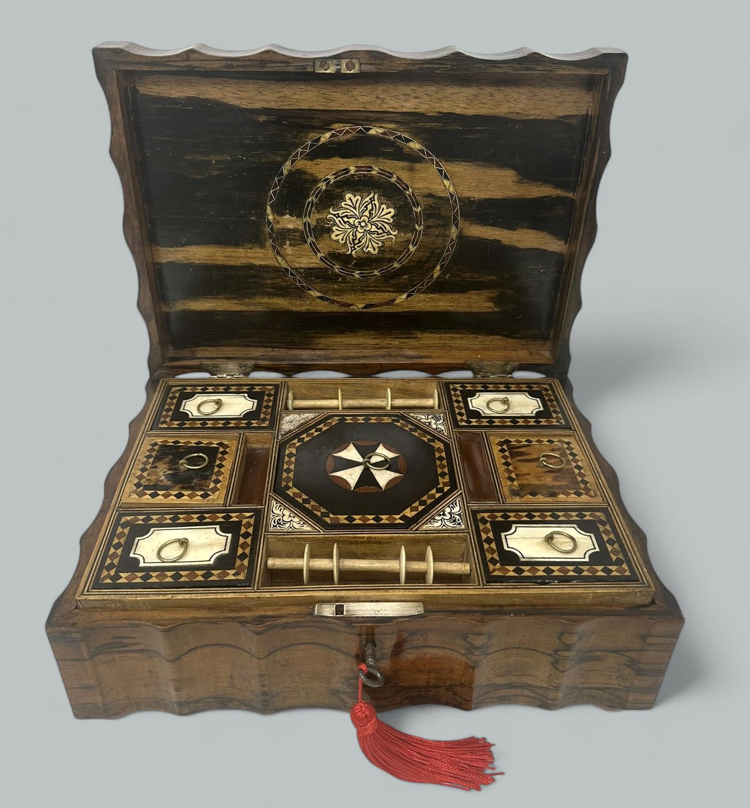 Antique Anglo Indian Coromandel Satinwood Ladys Jewelry Sewing Table Box 19th Ct In Good Condition In Dublin, Ireland