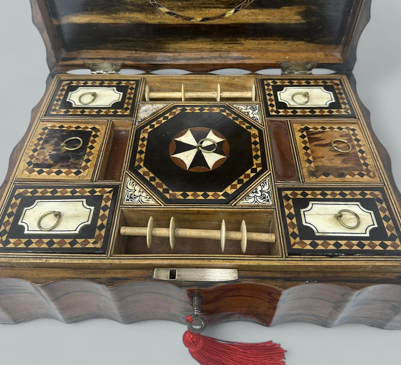 19th Century Antique Anglo Indian Coromandel Satinwood Ladys Jewelry Sewing Table Box 19th Ct