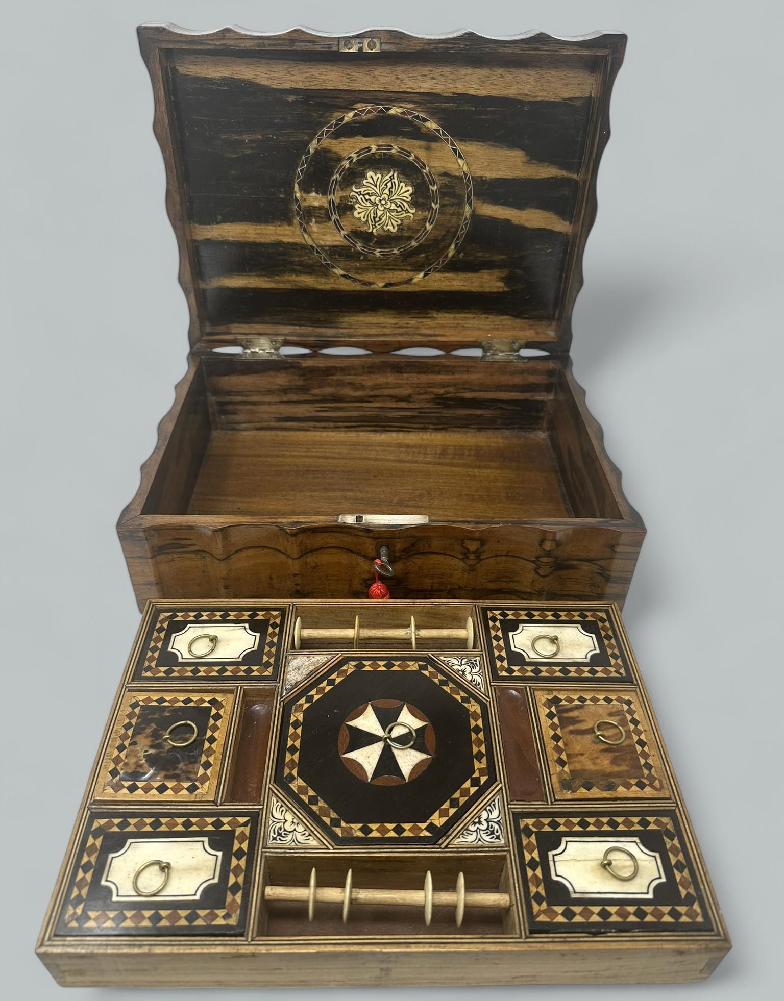 Brass Antique Anglo Indian Coromandel Satinwood Ladys Jewelry Sewing Table Box 19th Ct