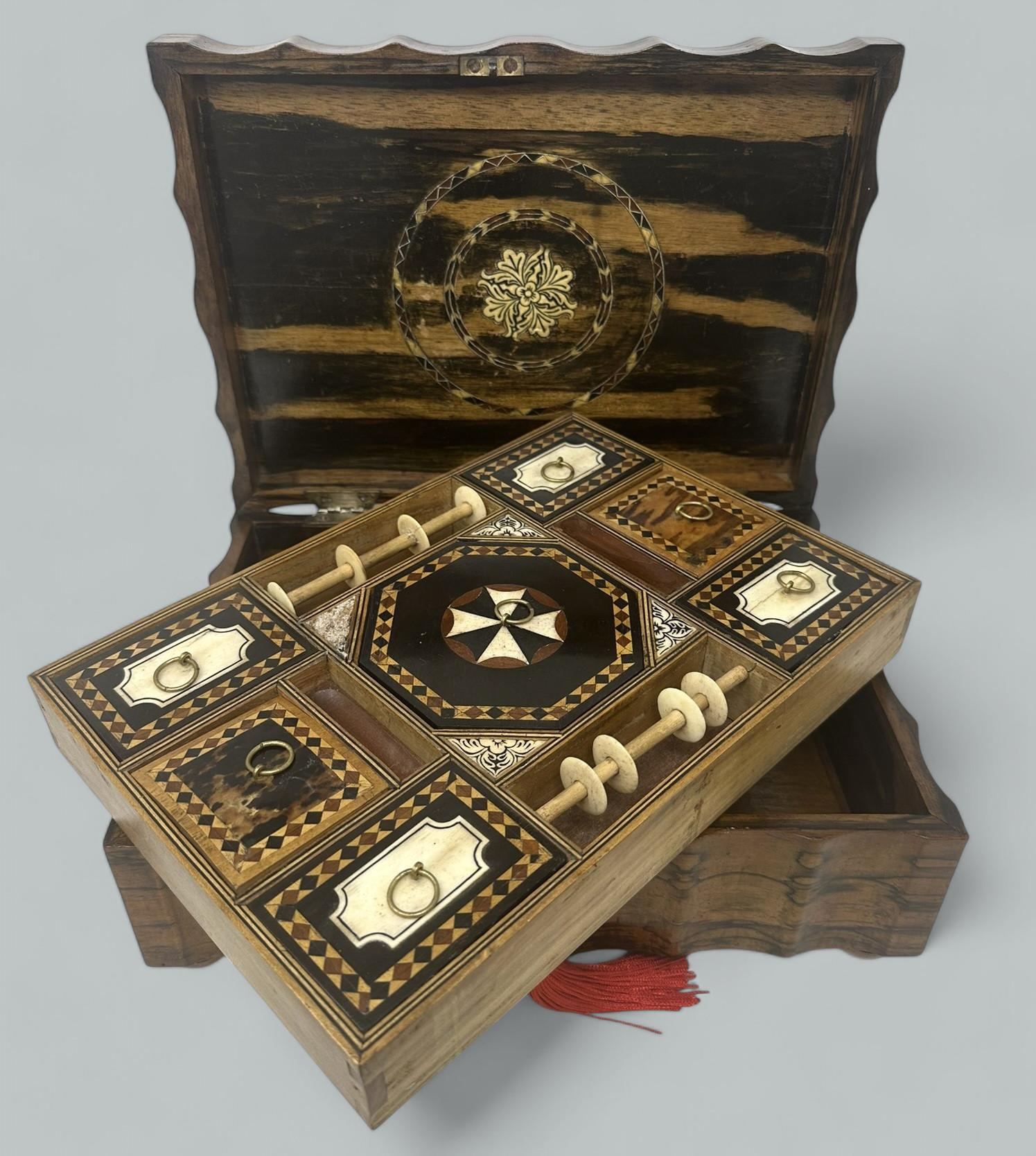 Antique Anglo Indian Coromandel Satinwood Ladys Jewelry Sewing Table Box 19th Ct 1