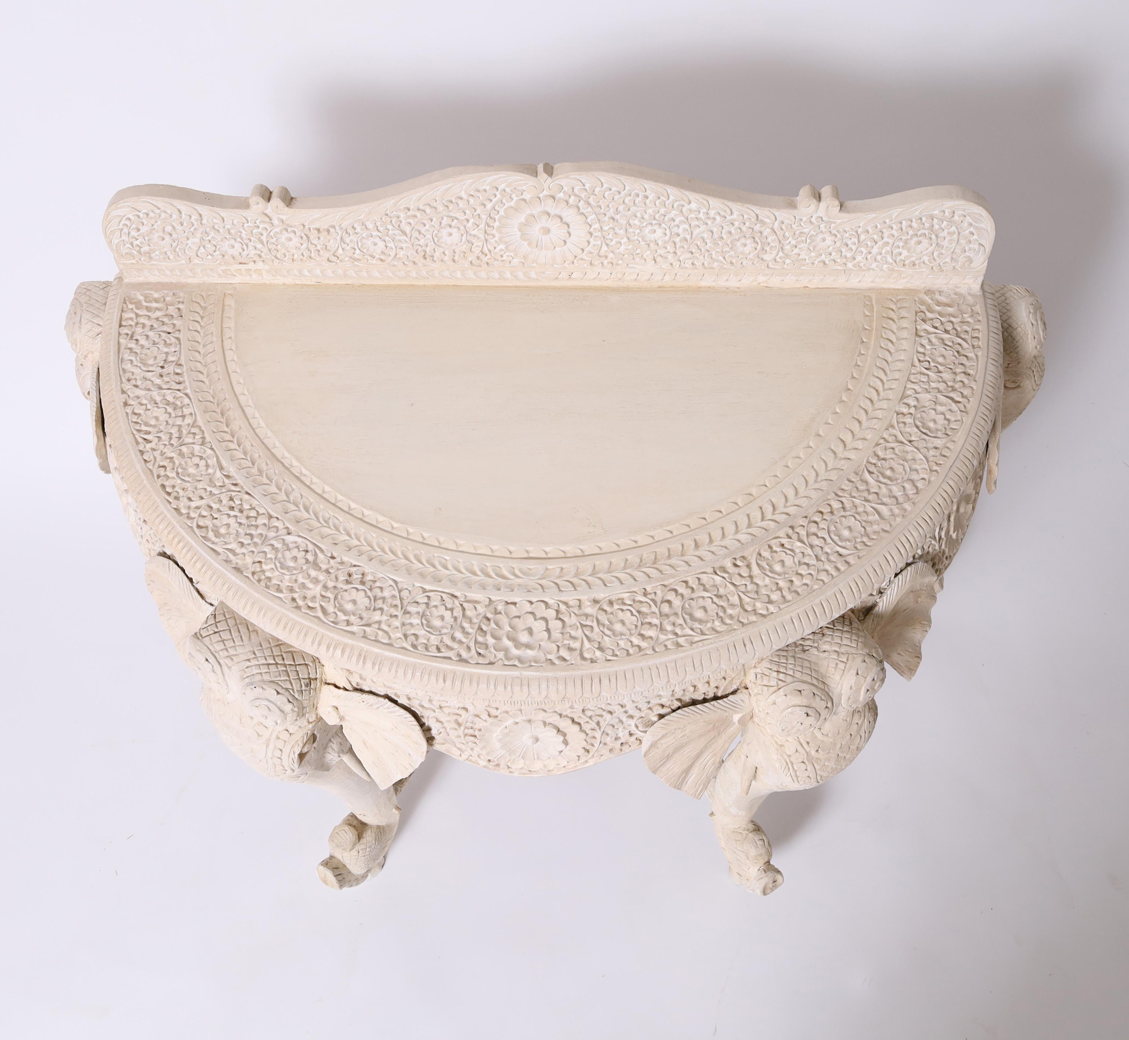 Carved Antique Anglo Indian Demi-lune Elephant Head Console table For Sale