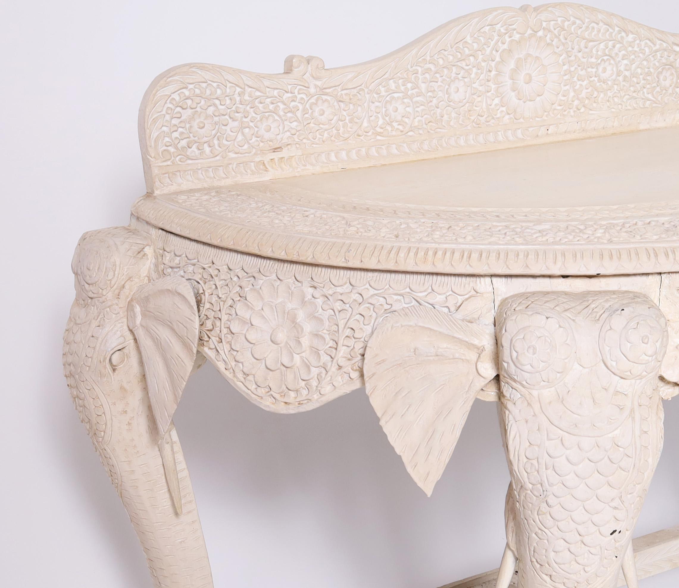 Teak Antique Anglo Indian Demi-lune Elephant Head Console table For Sale