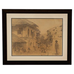Antique Anglo Indian Drawing of Bombay in 1875