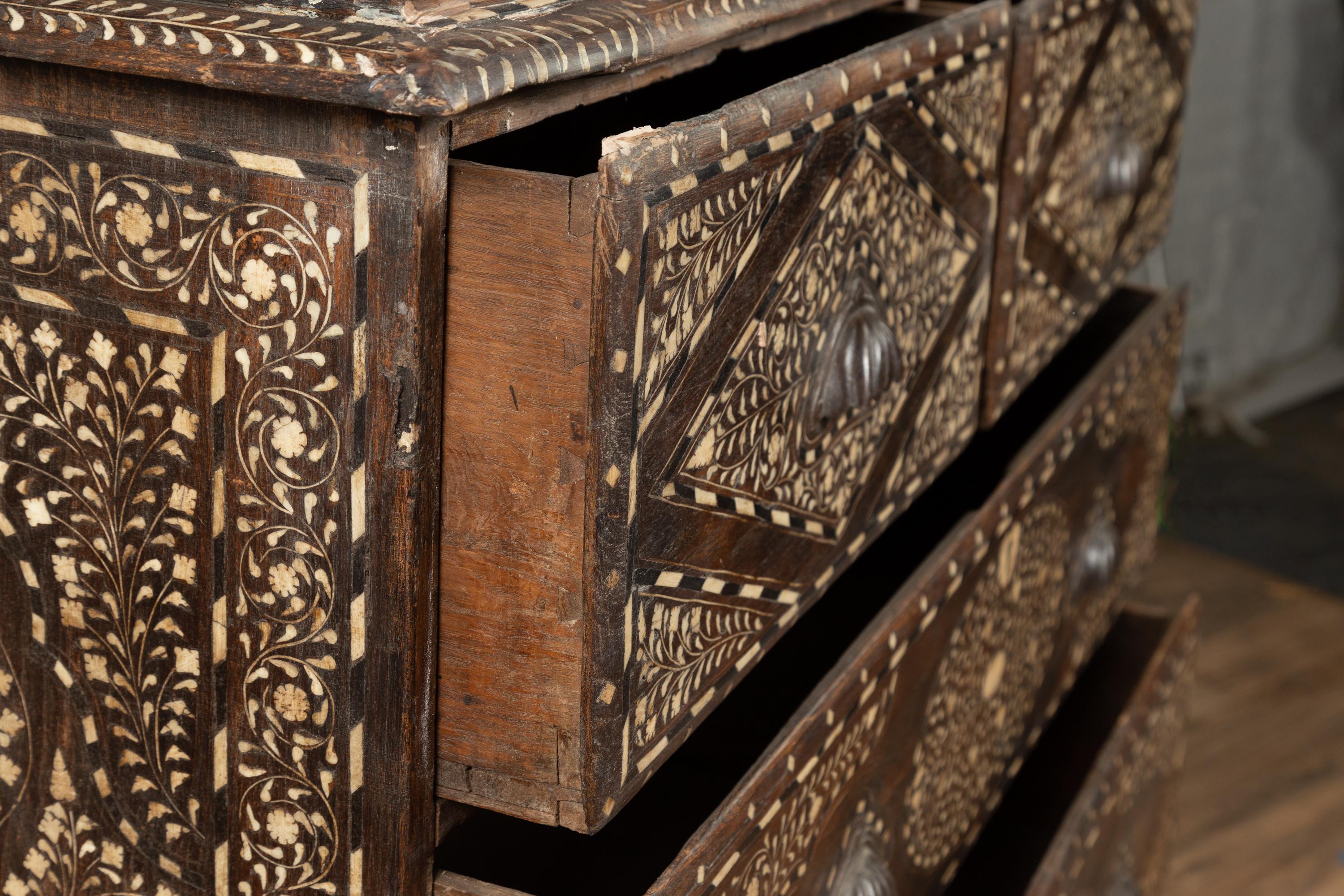 Antique Anglo-Indian Dresser with Bone Inlay, Scrollwork and Foliage Accents 7