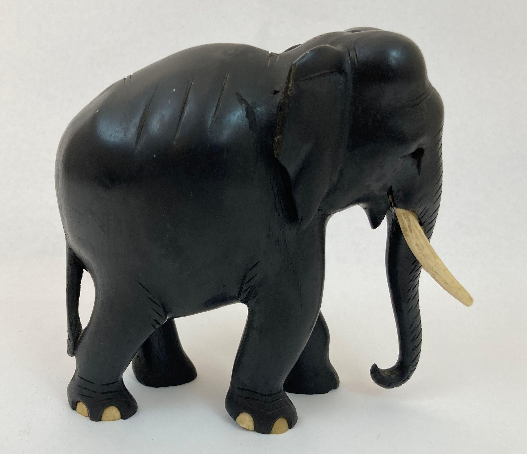 Antique Anglo Indian Elephant Black Ebonized Wood Hand Carved Sculpture In Good Condition For Sale In North Hollywood, CA