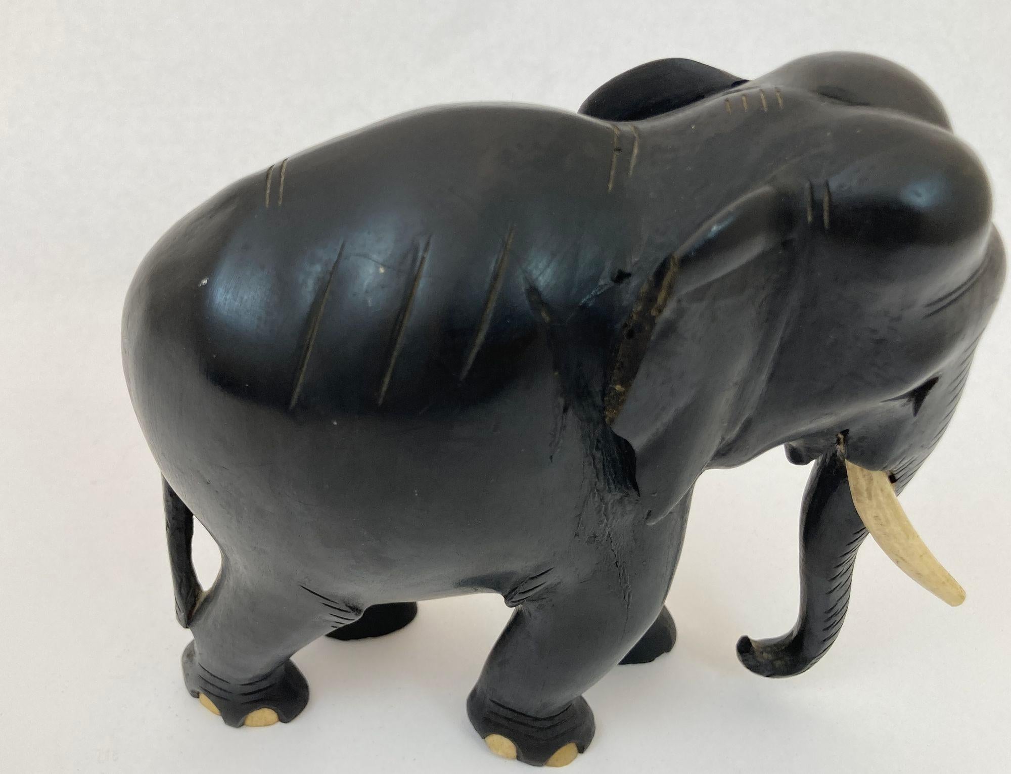 20th Century Antique Anglo Indian Elephant Black Ebonized Wood Hand Carved Sculpture For Sale