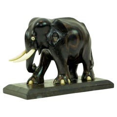 Antique Anglo Indian Elephant Ebony Wood Hand Carved Sculpture on Stand