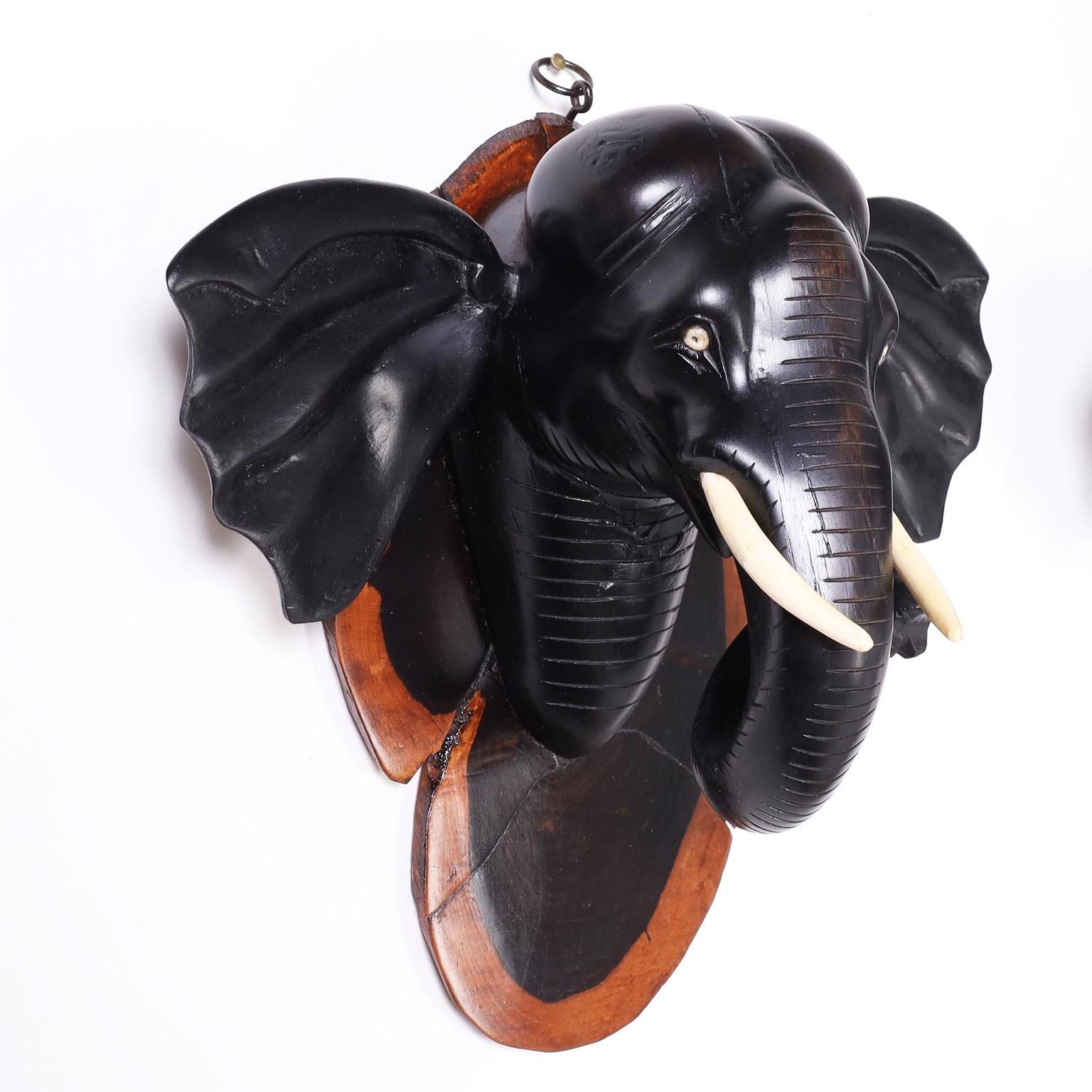 Antique Anglo Indian Elephant Head Wall Plaques In Good Condition For Sale In Palm Beach, FL