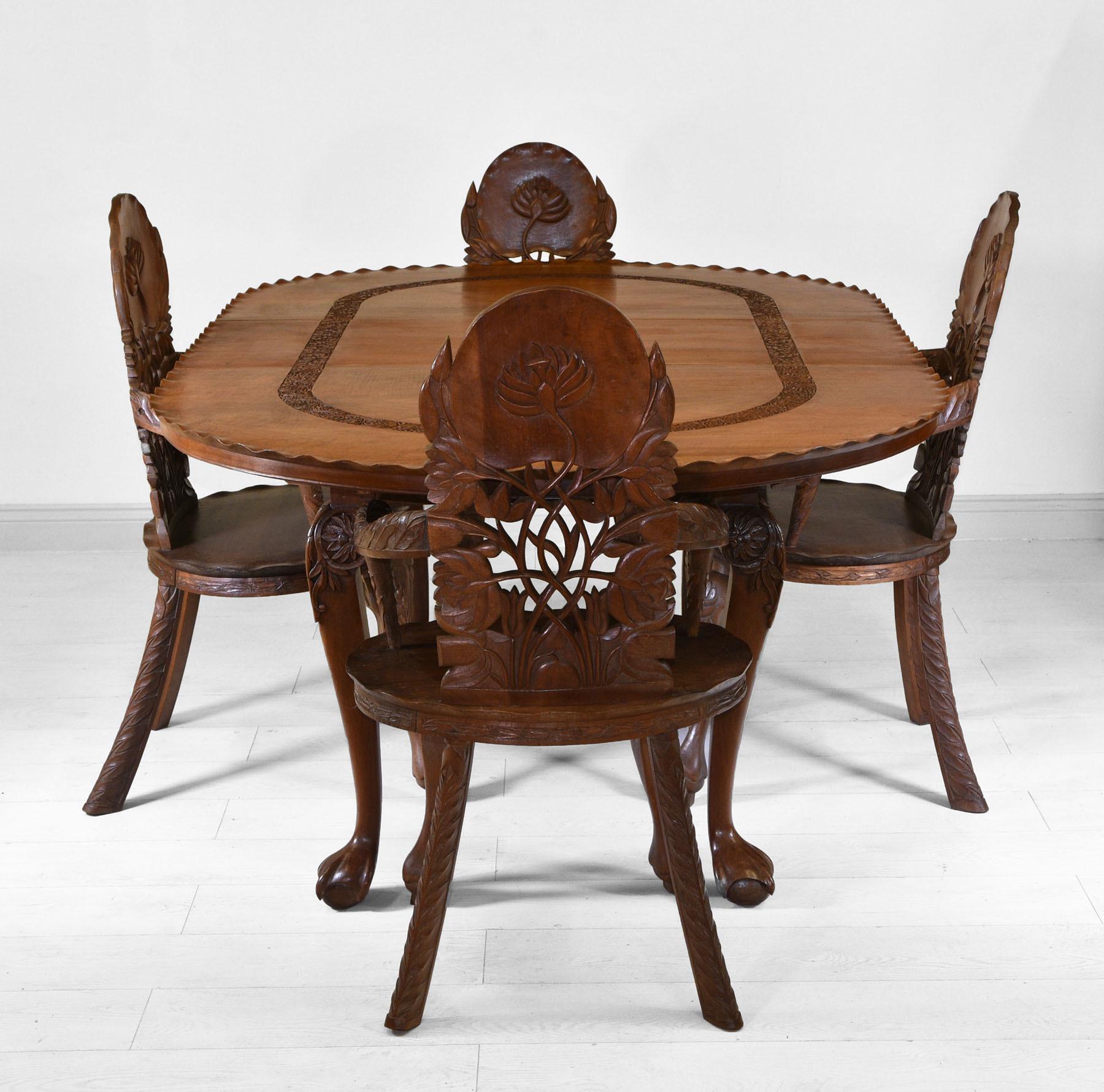 Antique Anglo Indian Extending Dining Table & Four Carved Lotus Leaf Armchairs For Sale 5