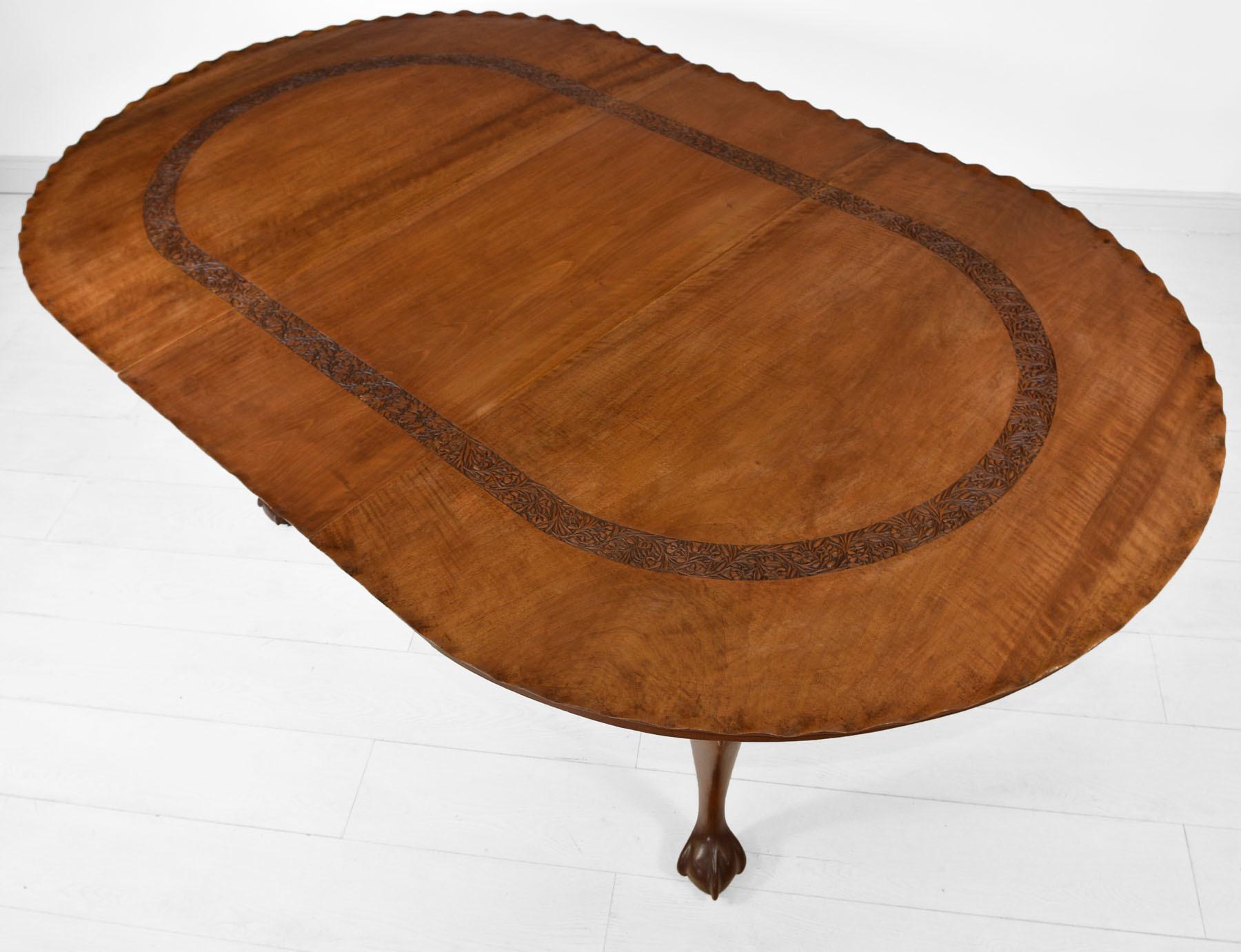 Walnut Antique Anglo Indian Extending Dining Table & Four Carved Lotus Leaf Armchairs For Sale