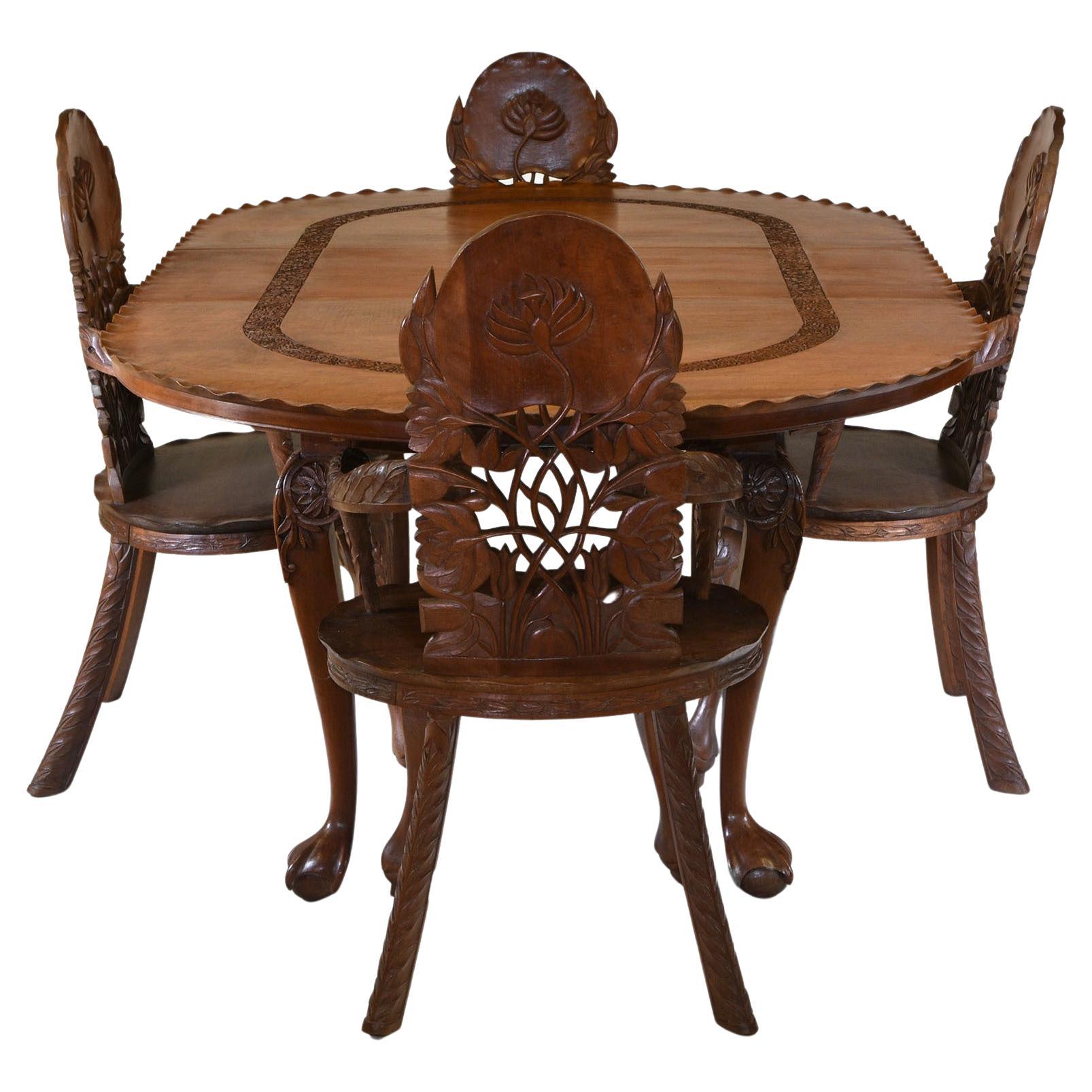 Antique Anglo Indian Extending Dining Table & Four Carved Lotus Leaf Armchairs