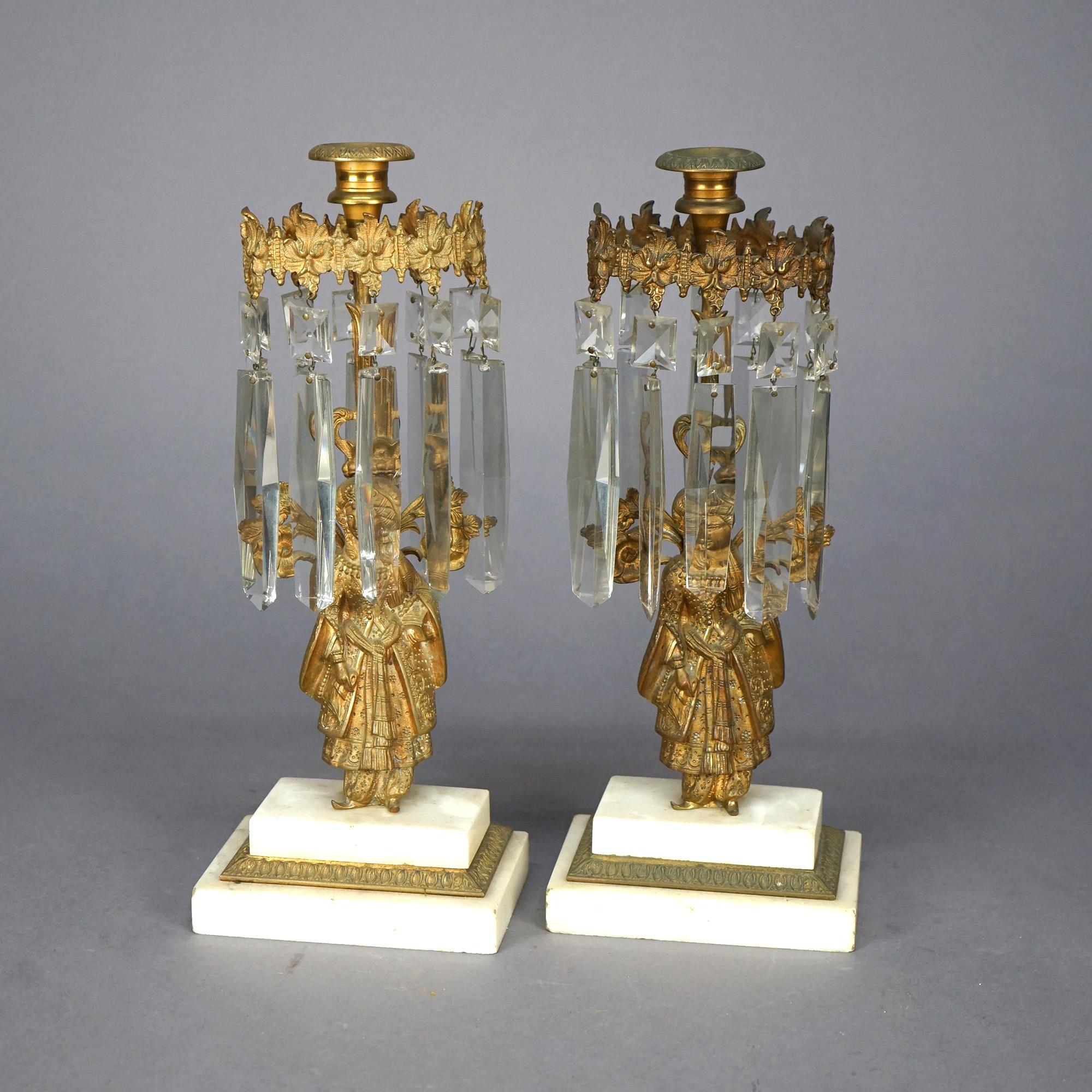19th Century Antique Anglo-Indian Figural Brass & Marble Girandole Candelabra Set, circa 1890 For Sale