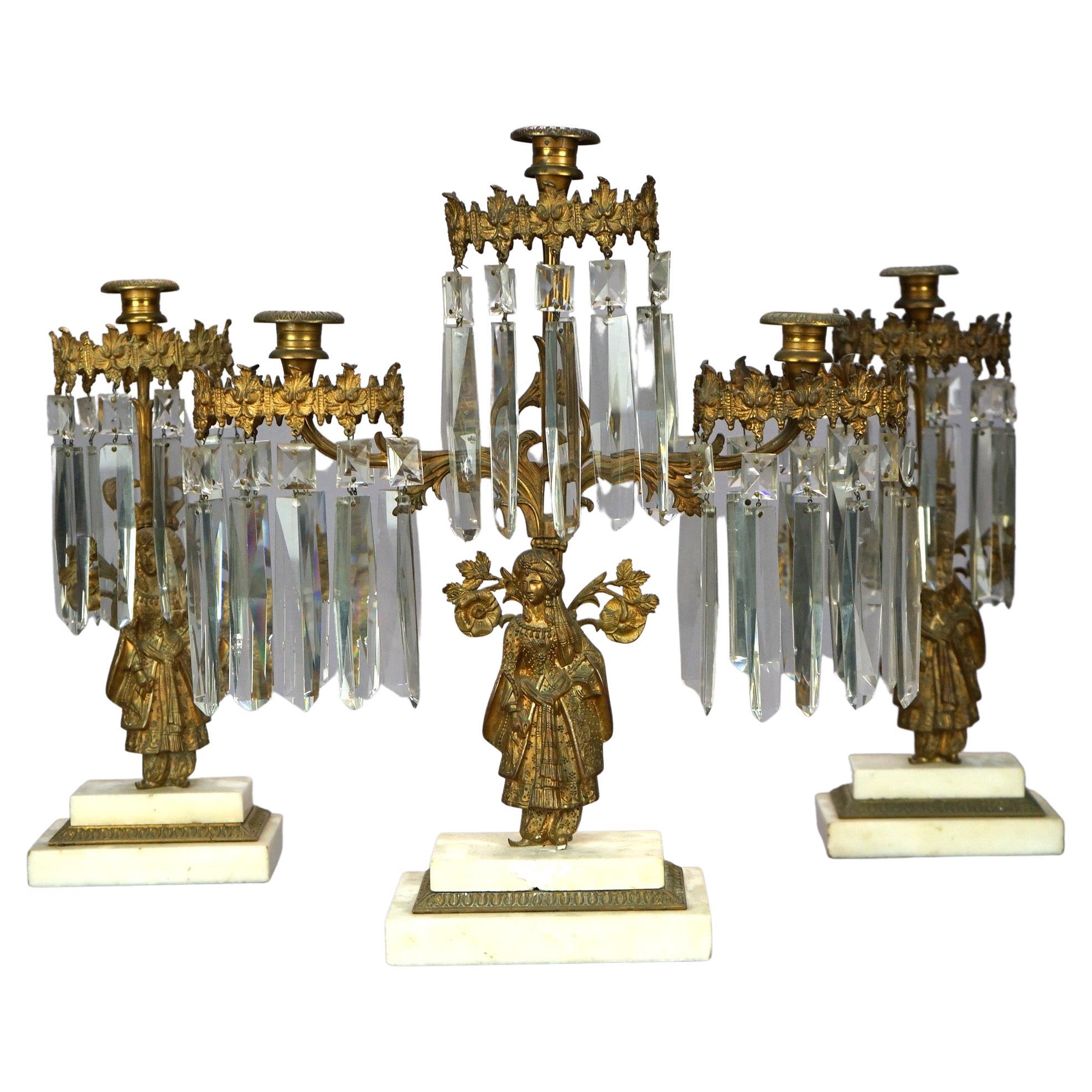 Antikes anglo-indisches figurales Girandolen-Kandelaber-Set aus Messing und Marmor, um 1890