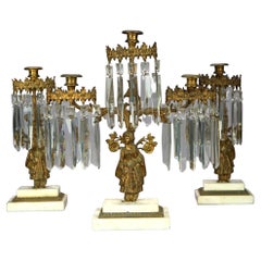 Antique Anglo-Indian Figural Brass & Marble Girandole Candelabra Set, circa 1890