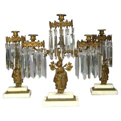 Antikes anglo-indisches figurales Girandolen-Kandelaber-Set aus Messing und Marmor, um 1890