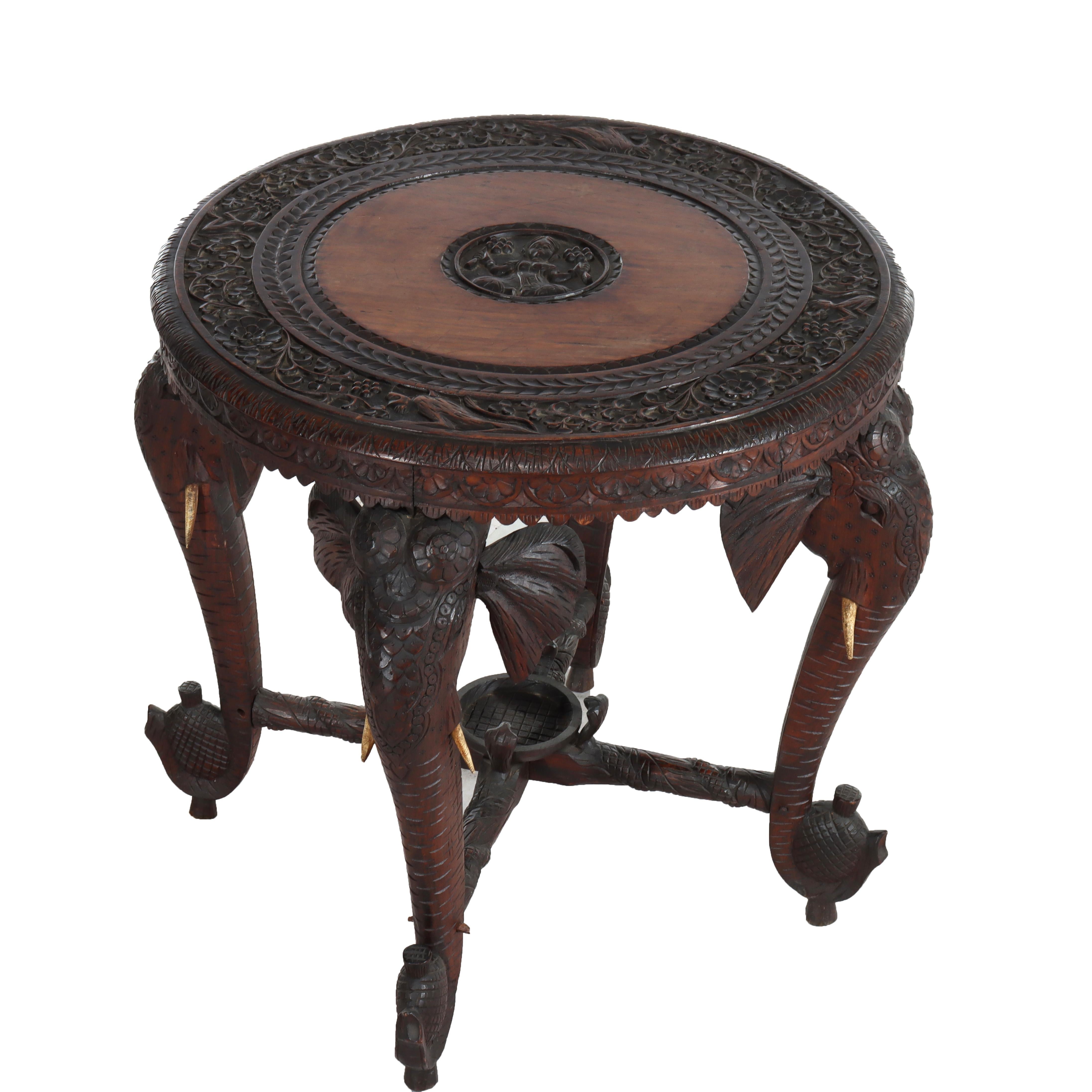 Antique Anglo Indian Figural Carved Rosewood Side Table With Elephants & Hindu Goddess Medallion 19thC

Measures - 24 1/2