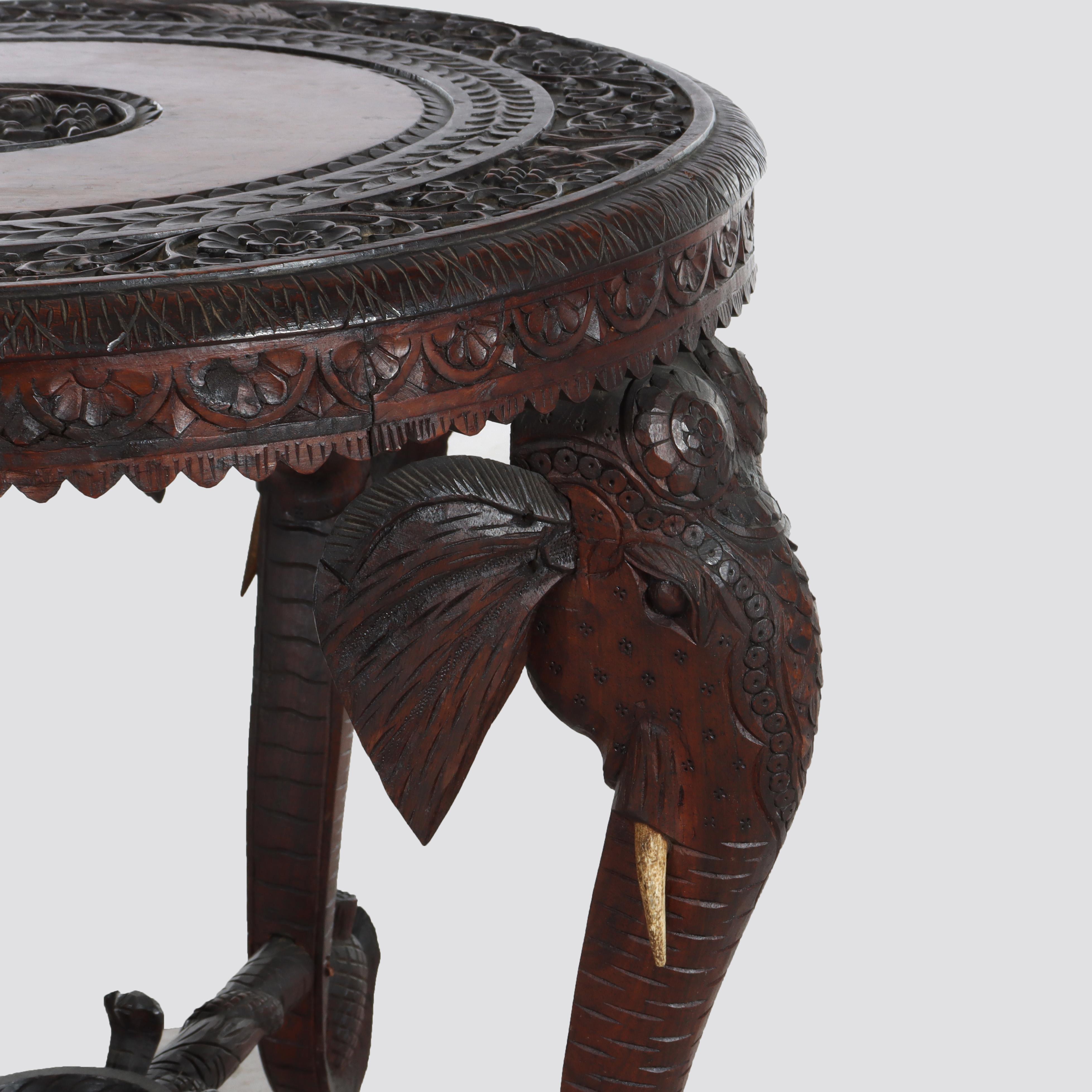 Antique Anglo Indian Figural Carved Rosewood Side Table With Elephants & Figure In Good Condition For Sale In Big Flats, NY