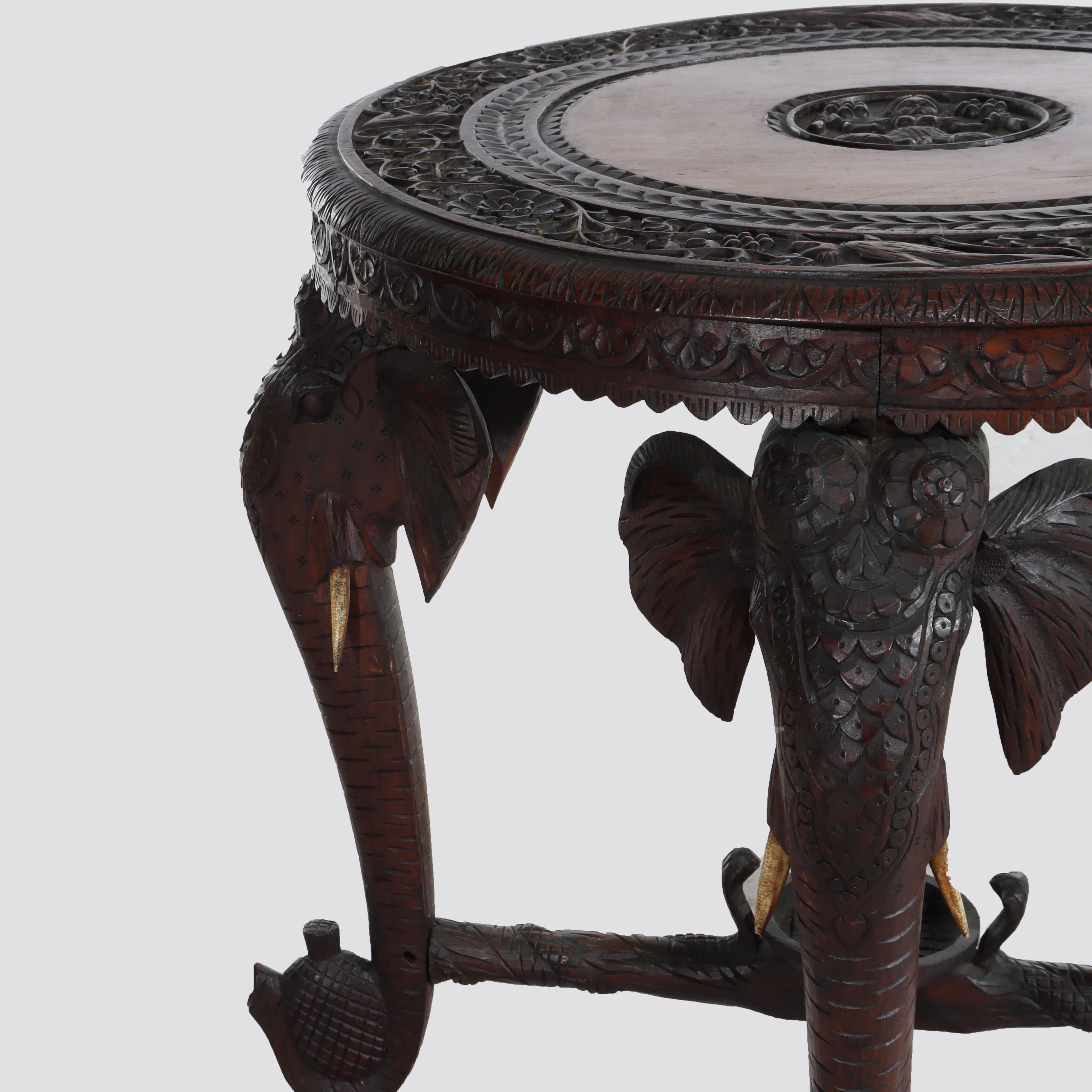 Antique Anglo Indian Figural Carved Rosewood Side Table With Elephants & Figure For Sale 1