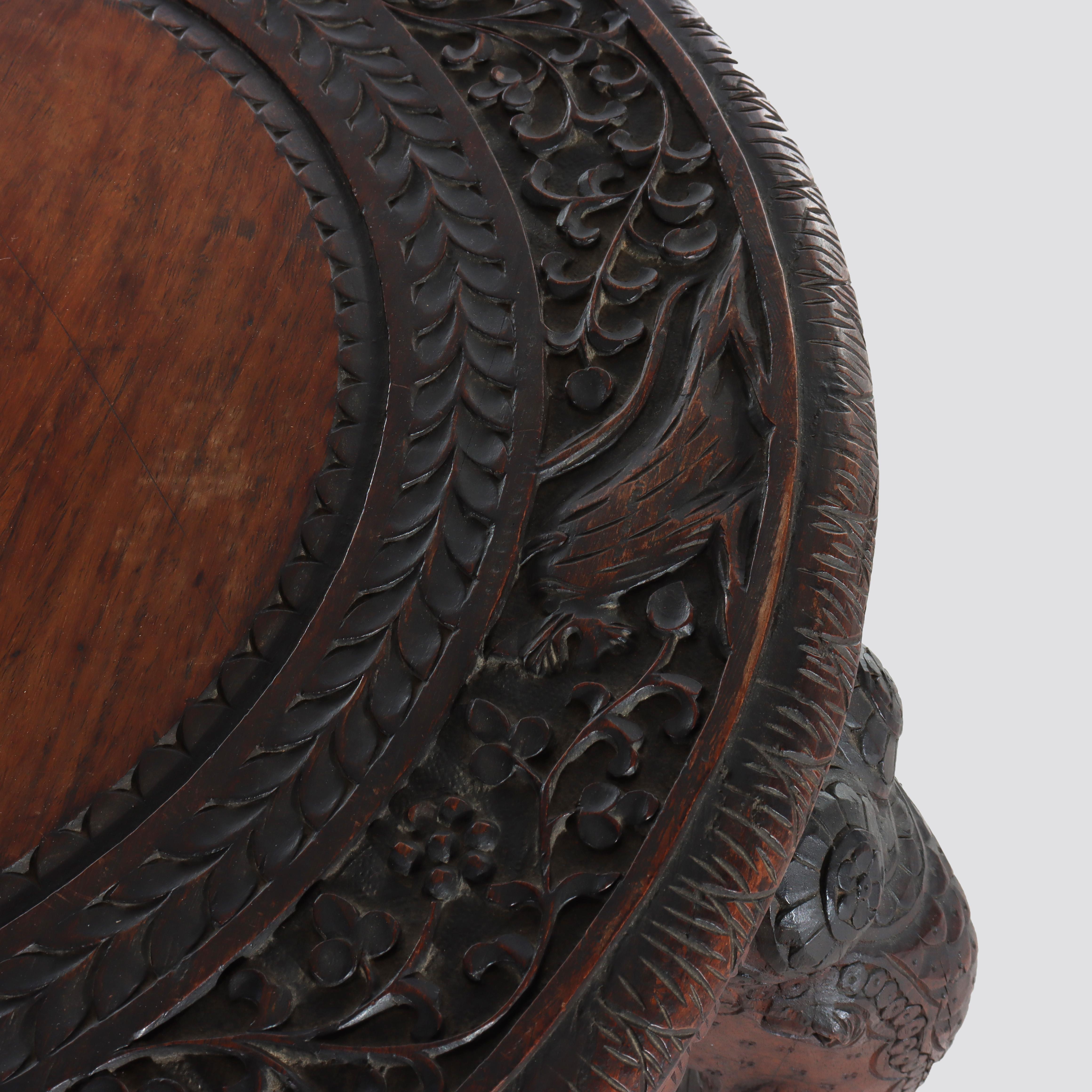 Antique Anglo Indian Figural Carved Rosewood Side Table With Elephants & Figure For Sale 4