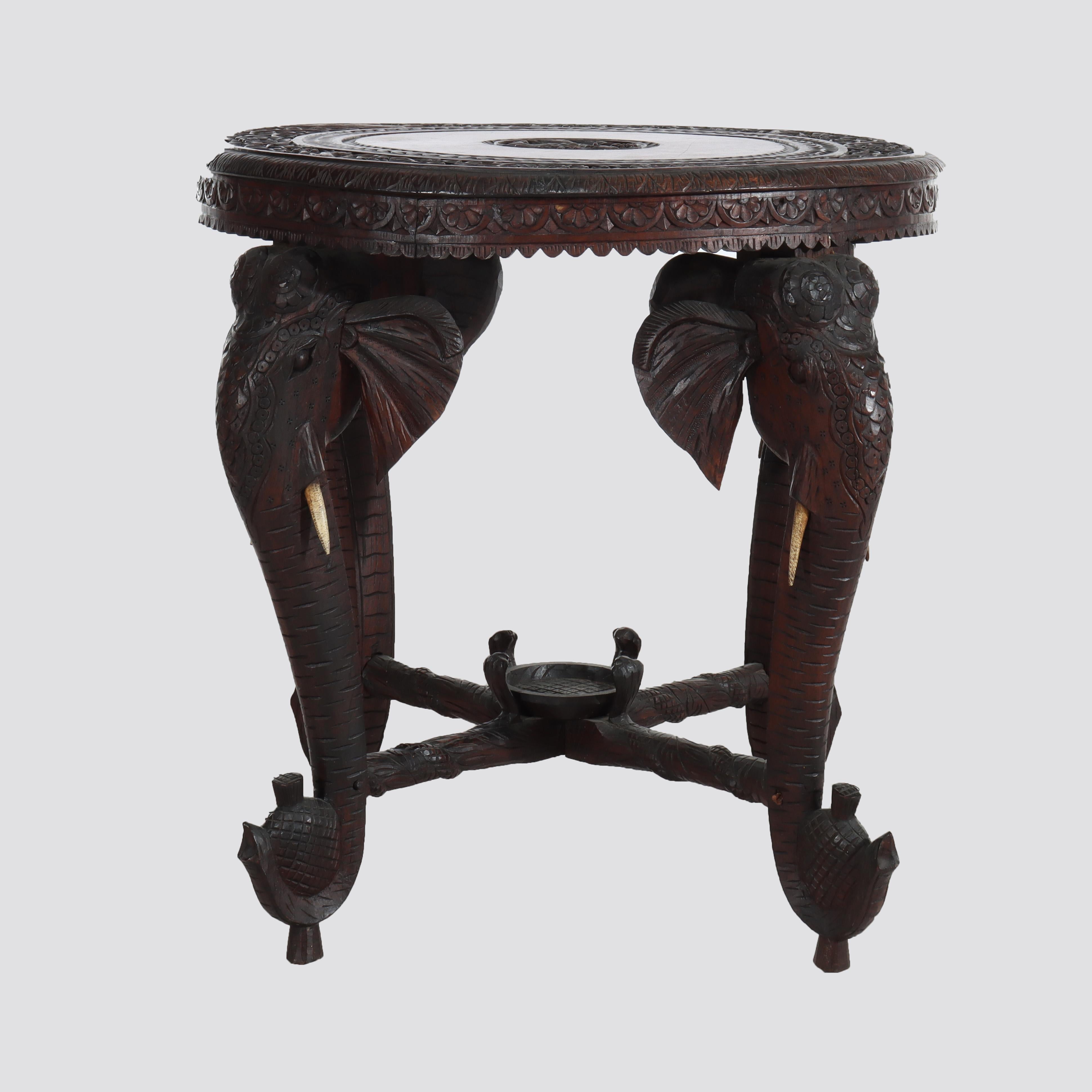 Antique Anglo Indian Figural Carved Rosewood Side Table With Elephants & Figure For Sale 5
