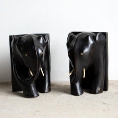 Antique Anglo-Indian Hand Carved Ebony Elephant Bookends, Early 20th Century