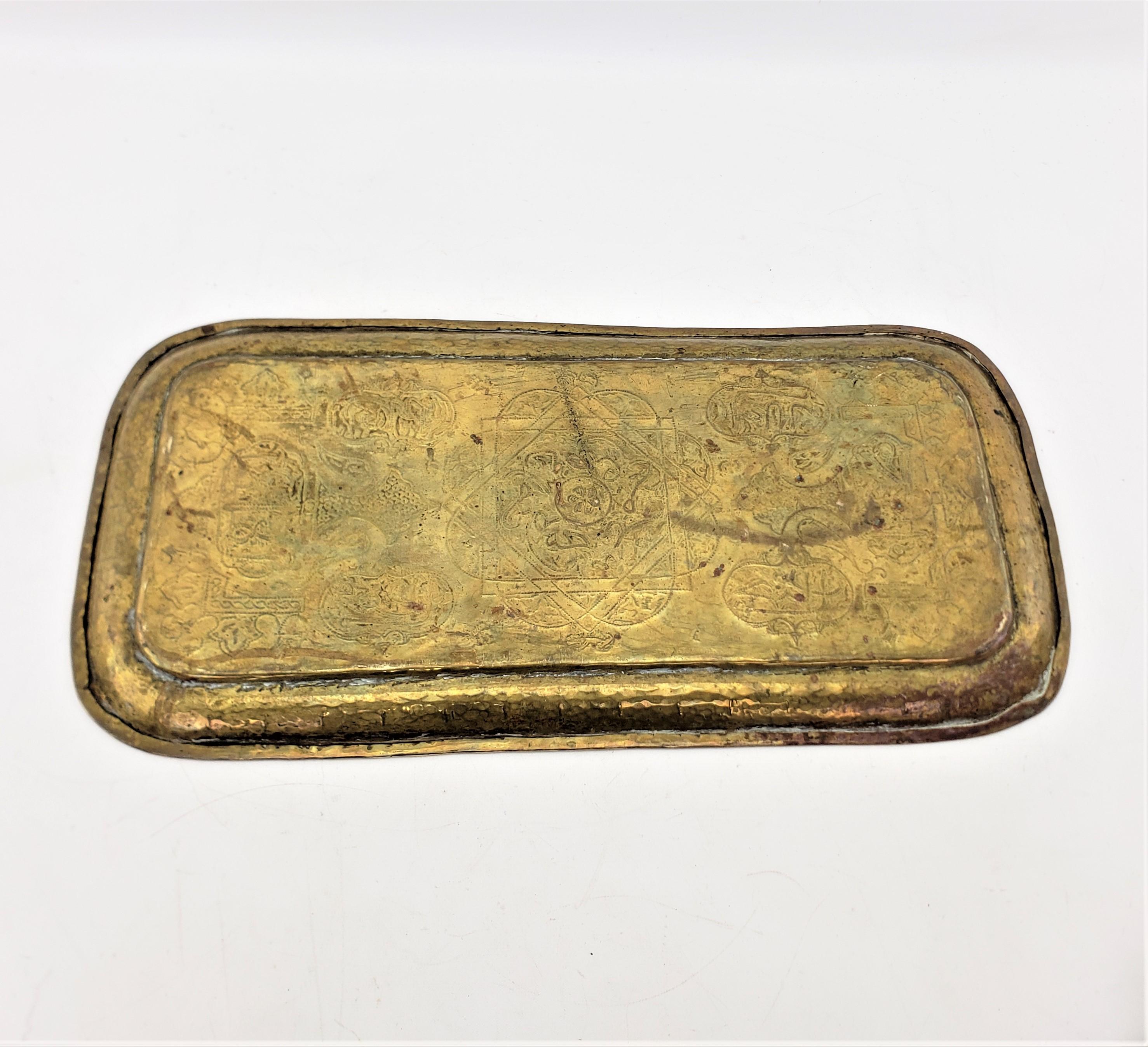 20th Century Antique Anglo-Indian Hand-Crafted Brass Serving Tray with Copper & Silver Decor For Sale