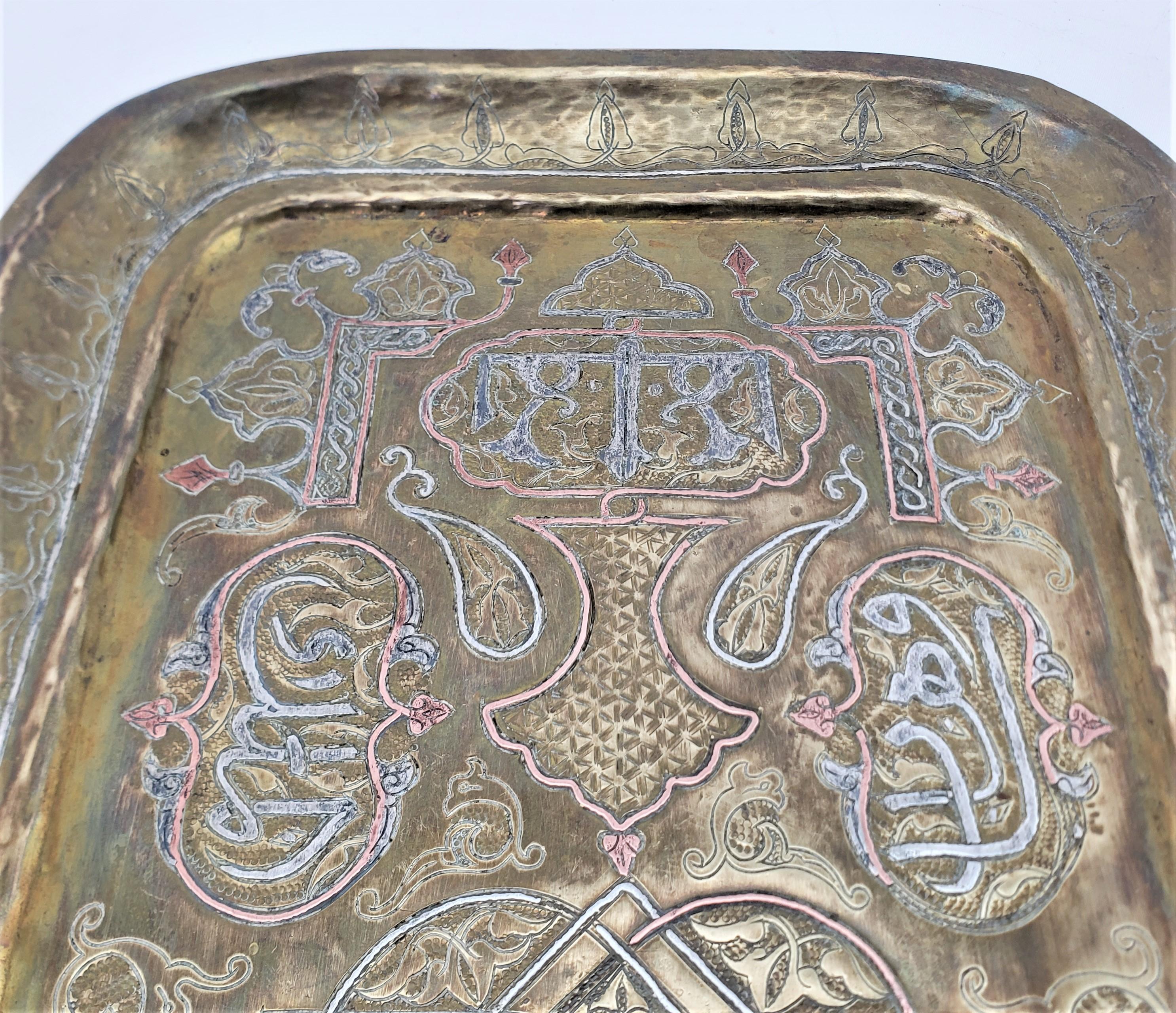 Antique Anglo-Indian Hand-Crafted Brass Serving Tray with Copper & Silver Decor For Sale 2