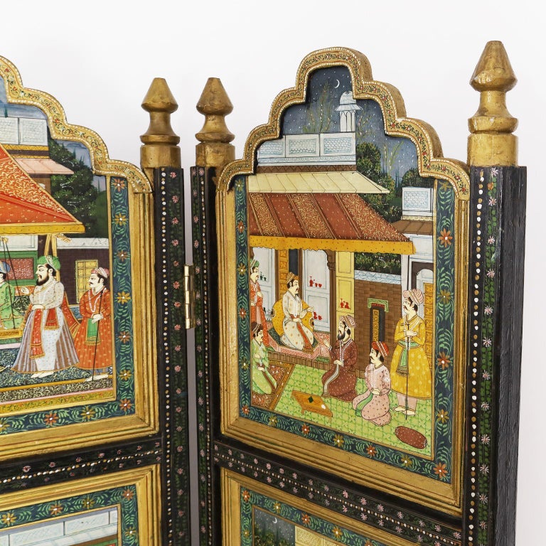 British Colonial Antique Anglo Indian Hand Painted Four Panel Screen For Sale