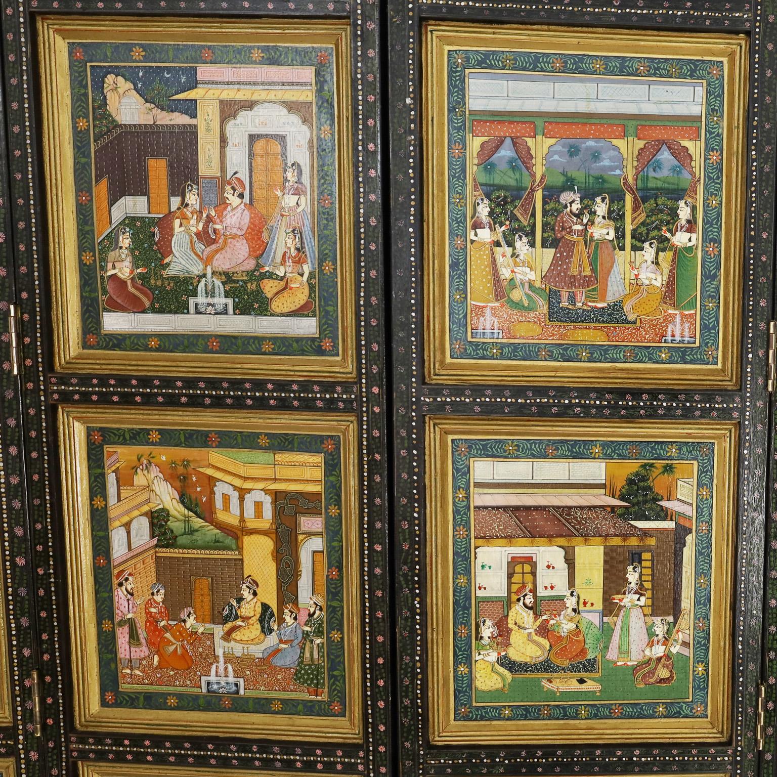 Antique Anglo Indian Hand Painted Four Panel Screen In Good Condition In Palm Beach, FL