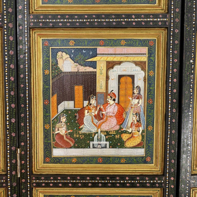 20th Century Antique Anglo Indian Hand Painted Four Panel Screen For Sale