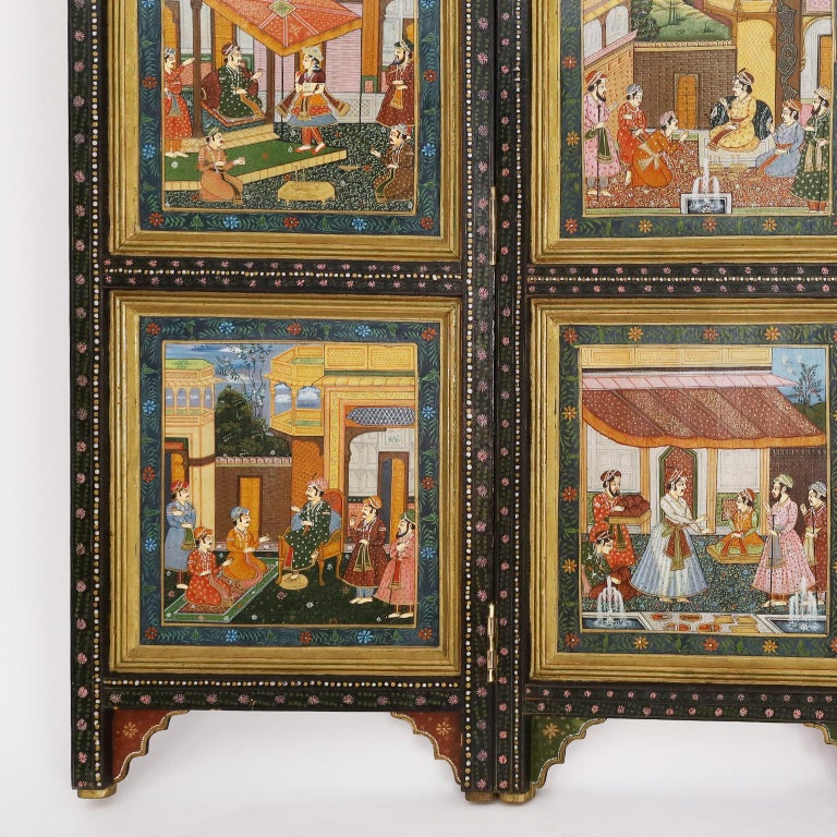 Antique Anglo Indian Hand Painted Four Panel Screen For Sale 3