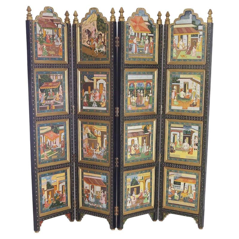 Painted Folk Art Four-Panel Floor Screen For Sale at 1stDibs