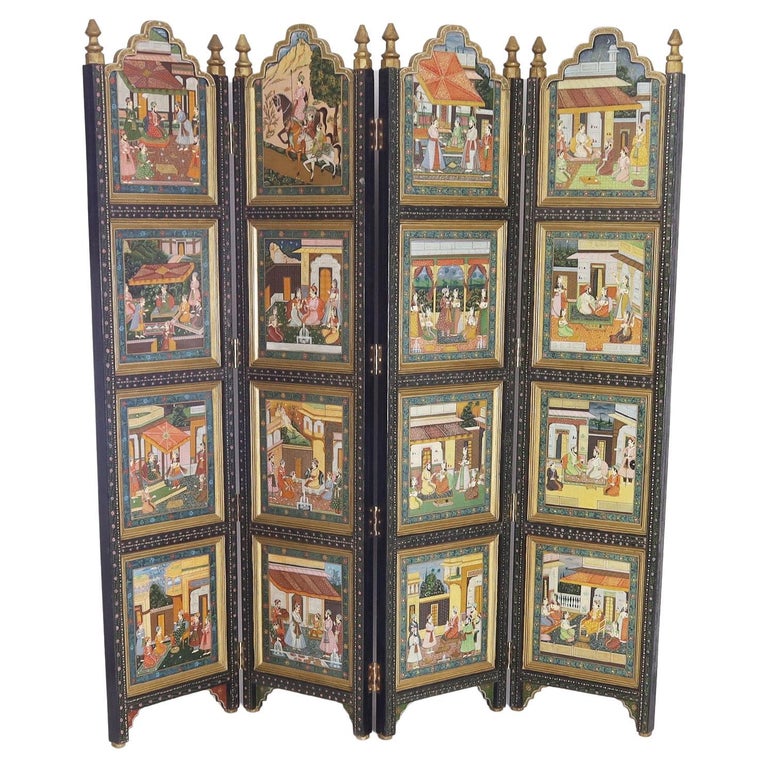 Antique Anglo Indian Hand Painted Four Panel Screen For Sale