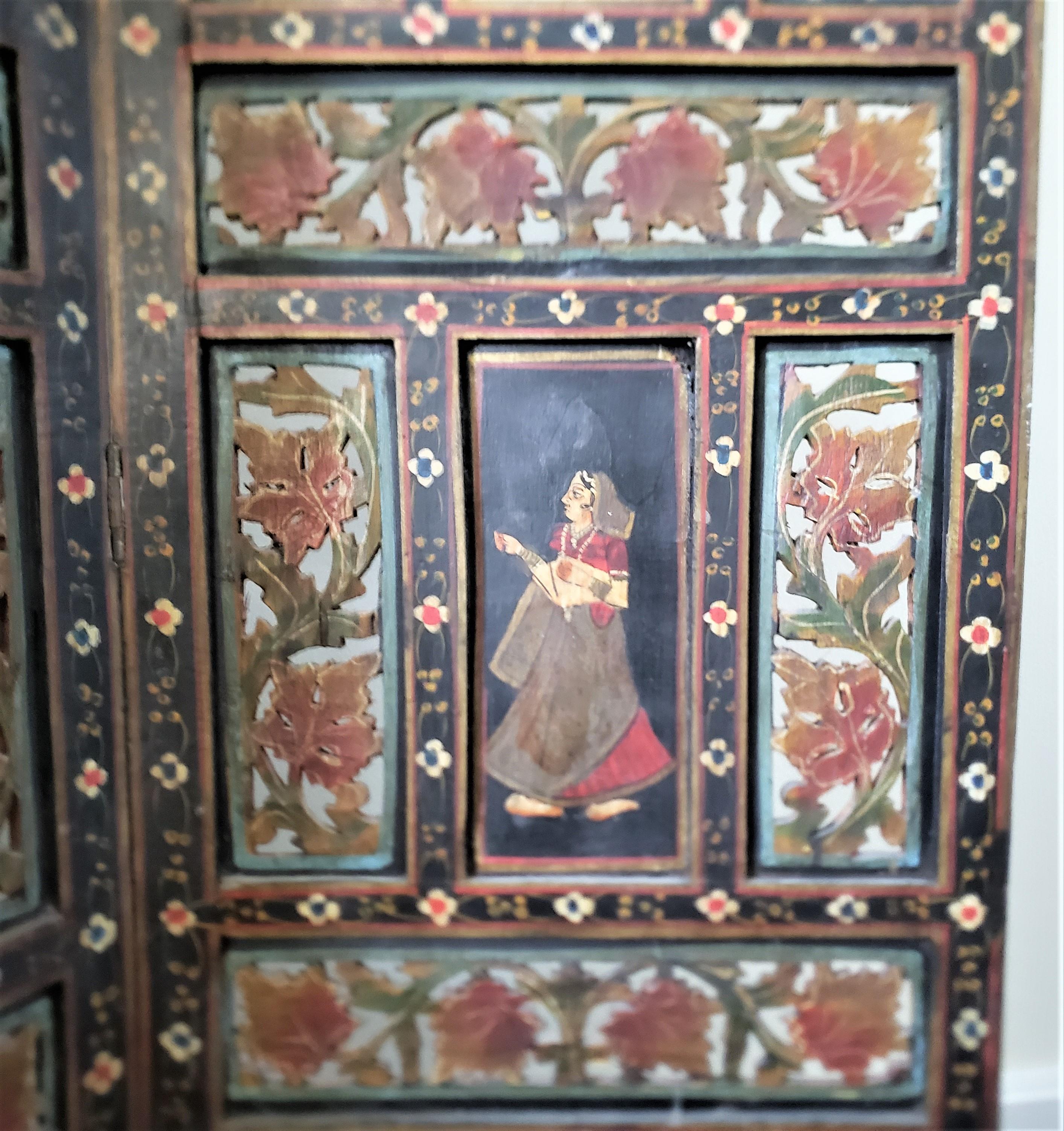 Antique Anglo-Indian Hand-Painted Wooden Four Panel Screen or Room Divider For Sale 1