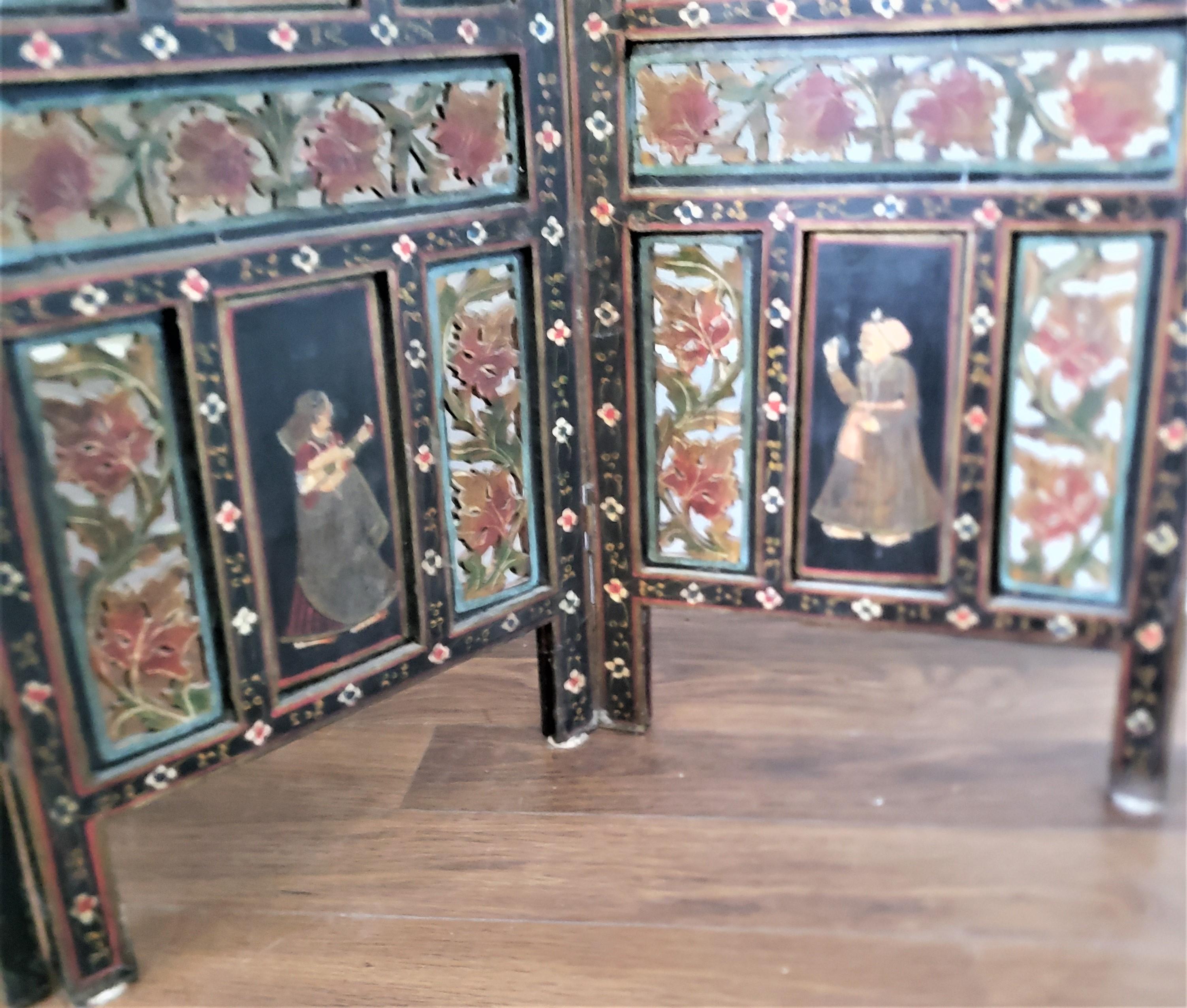 Antique Anglo-Indian Hand-Painted Wooden Four Panel Screen or Room Divider For Sale 2